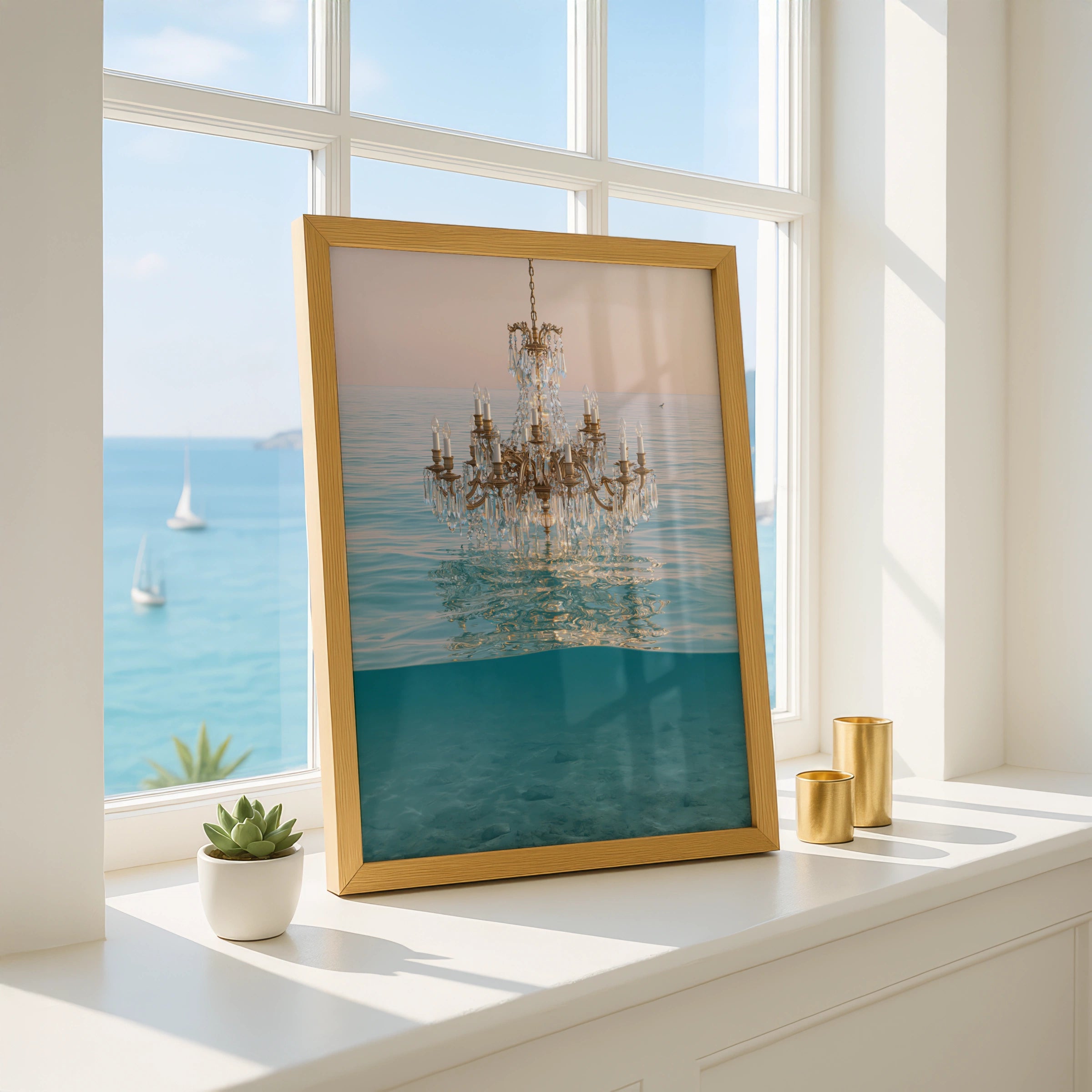 Chandelier Water Scene, Elegant Wall Art, Modern Home Decor, Ocean Aesthetic, Light and Reflections