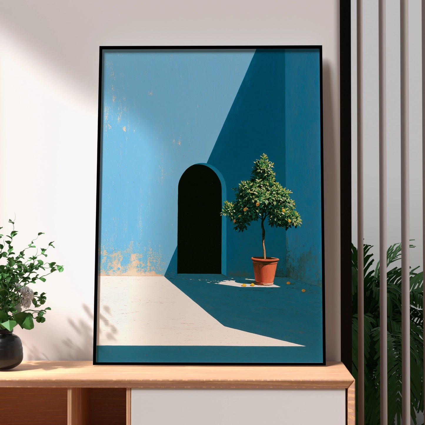 Courtyard Blue Scene, Potted Lemon Tree Art Print, Minimalist Decor, Vibrant Colours