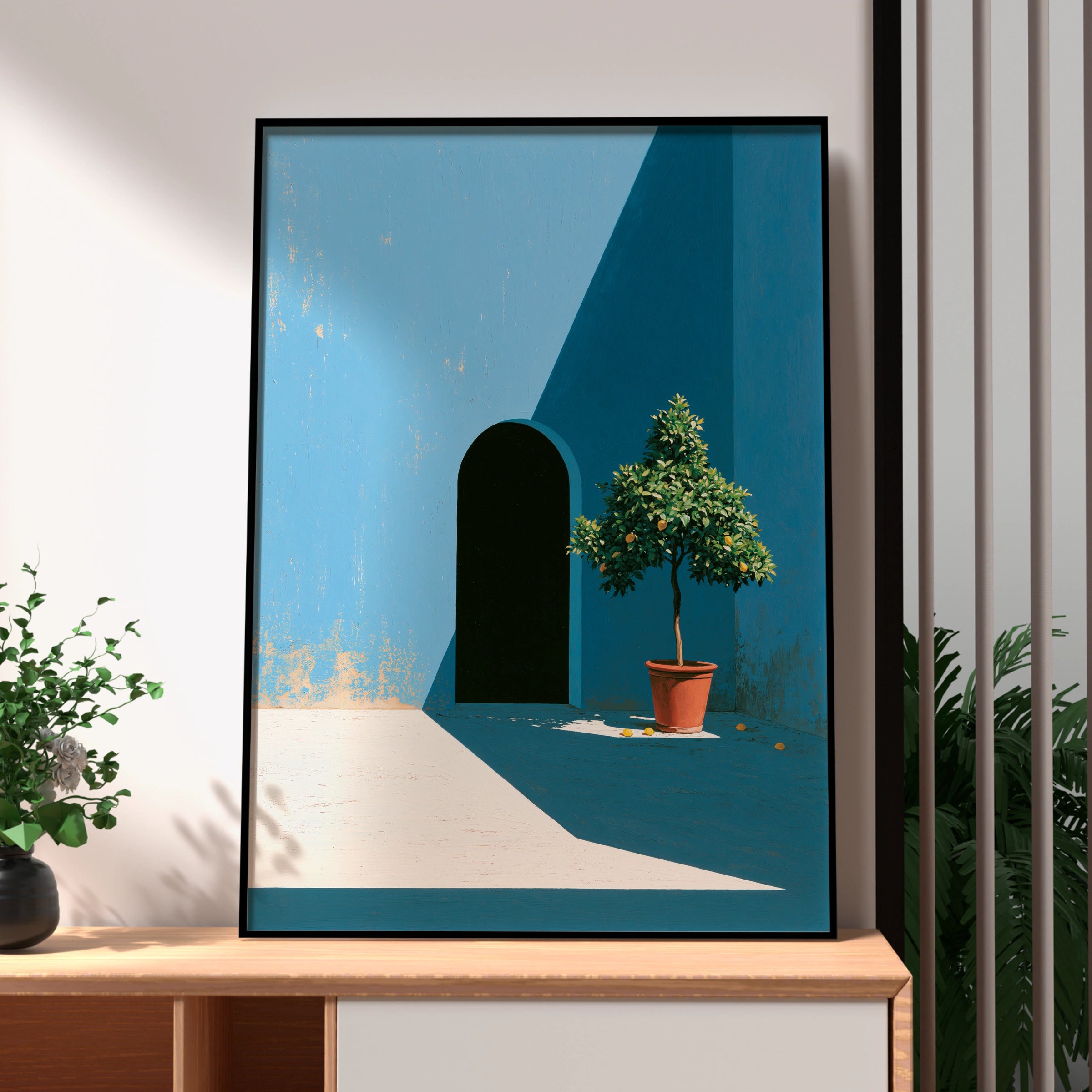 Courtyard Blue Scene, Potted Lemon Tree Art Print, Minimalist Decor, Vibrant Colours
