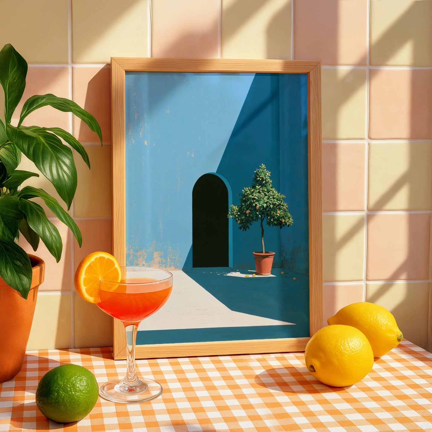 Courtyard Blue Scene, Potted Lemon Tree Art Print, Minimalist Decor, Vibrant Colours