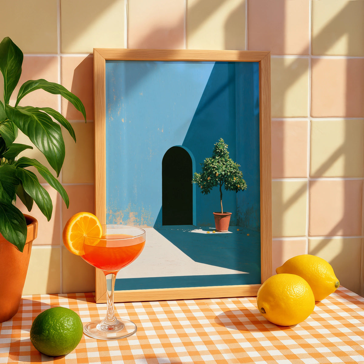 Courtyard Blue Scene, Potted Lemon Tree Art Print, Minimalist Decor, Vibrant Colours