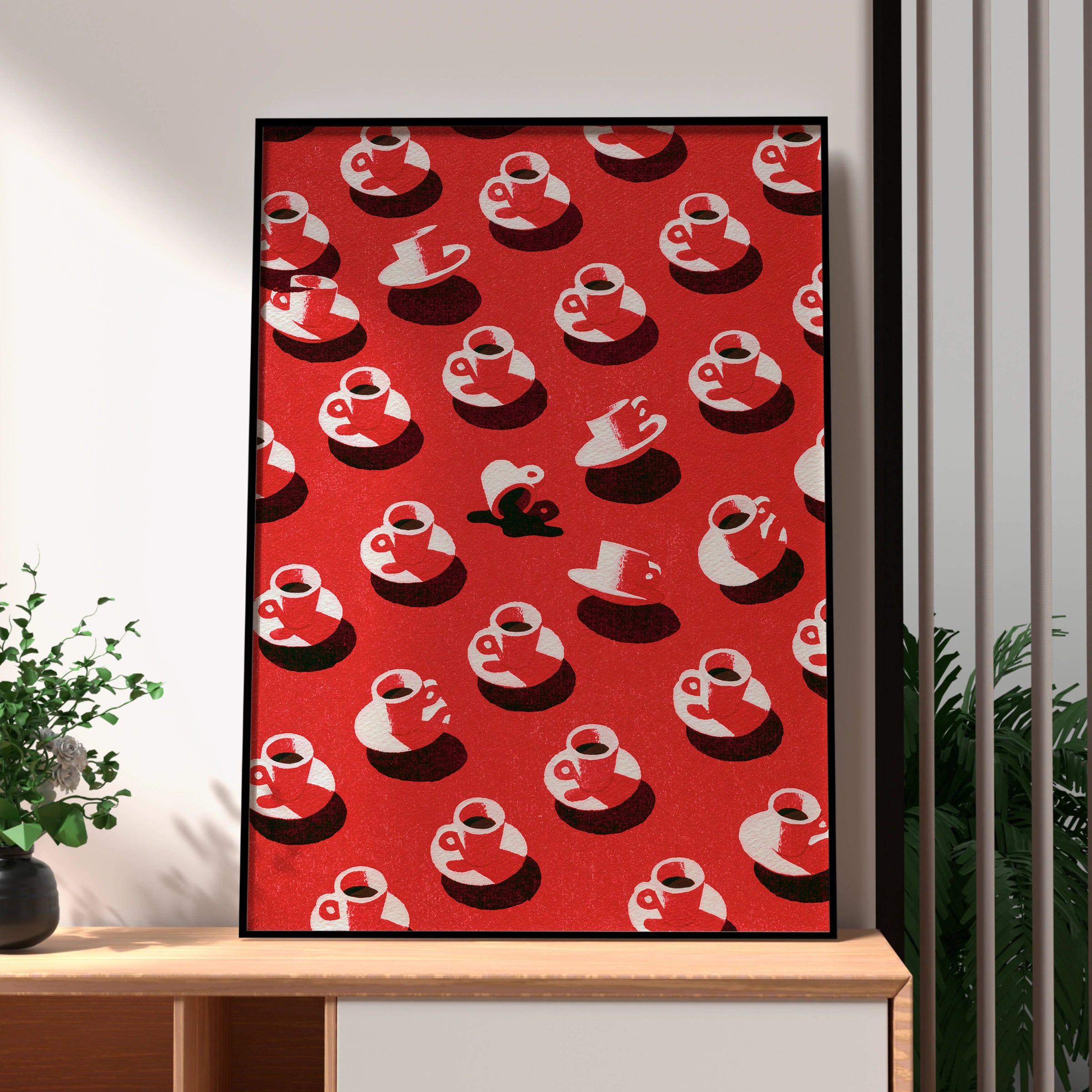 Coffee Cup Pattern Art Print, Red Wall Decor, Modern Kitchen Poster, Graphic Drink Design