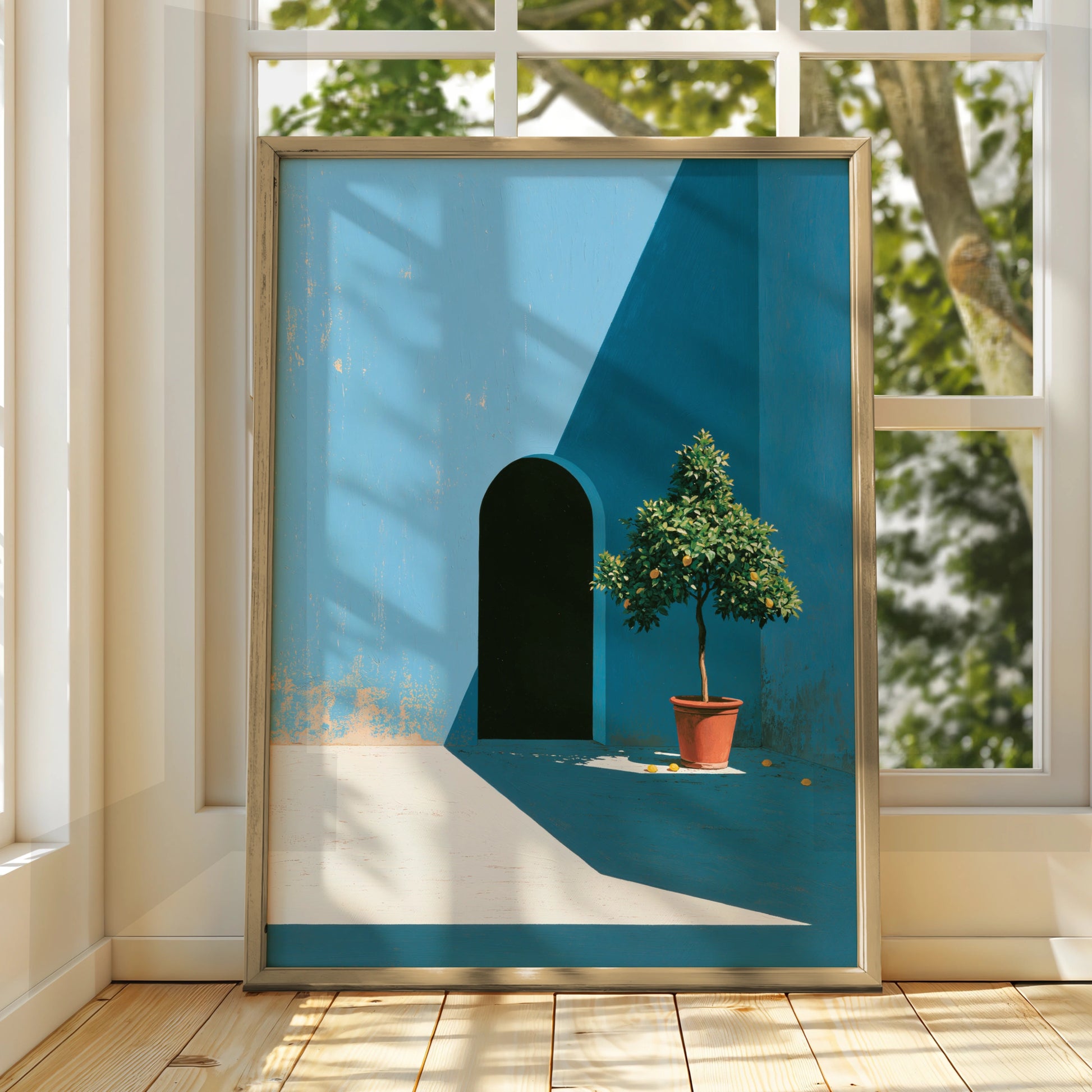 Courtyard Blue Scene, Potted Lemon Tree Art Print, Minimalist Decor, Vibrant Colours