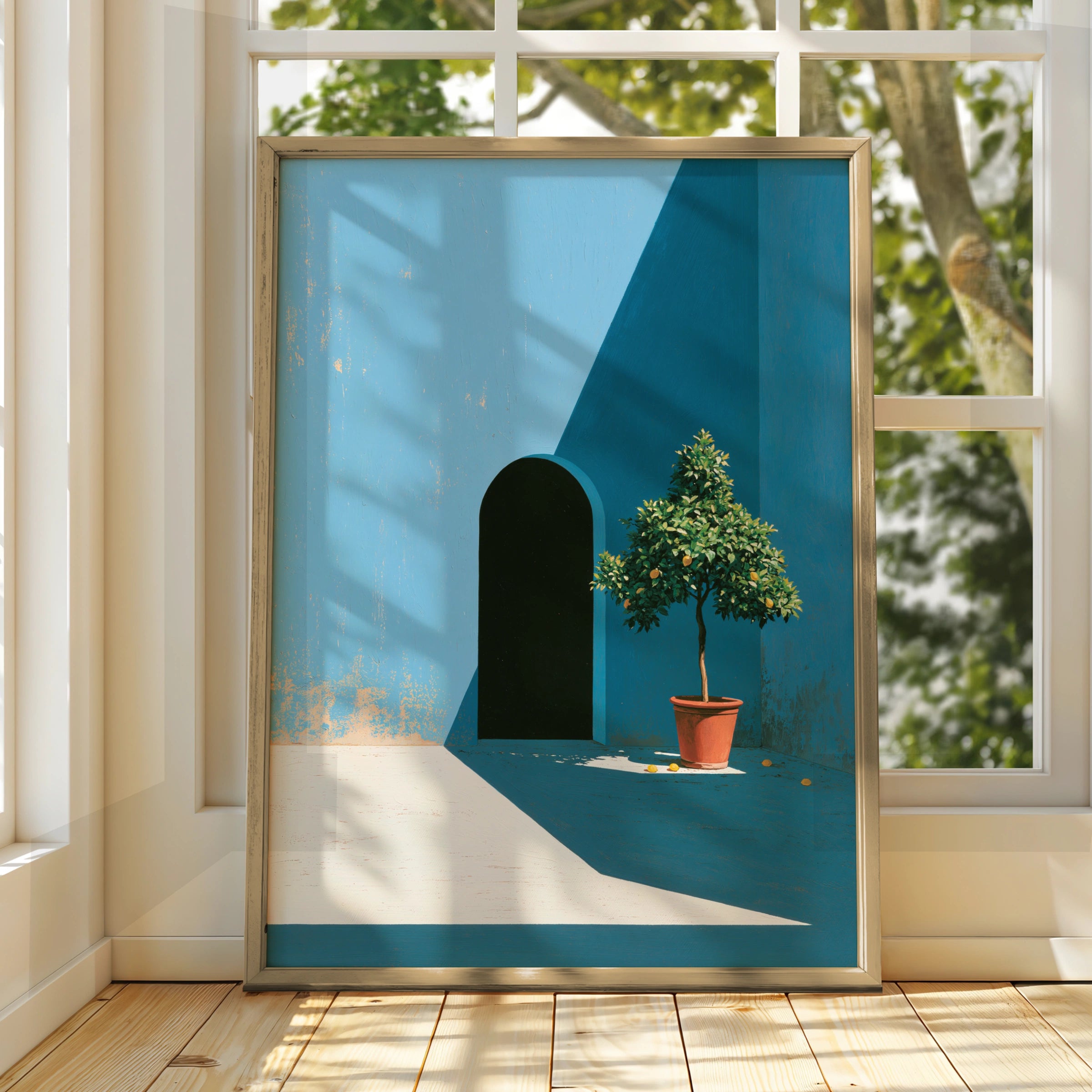Courtyard Blue Scene, Potted Lemon Tree Art Print, Minimalist Decor, Vibrant Colours
