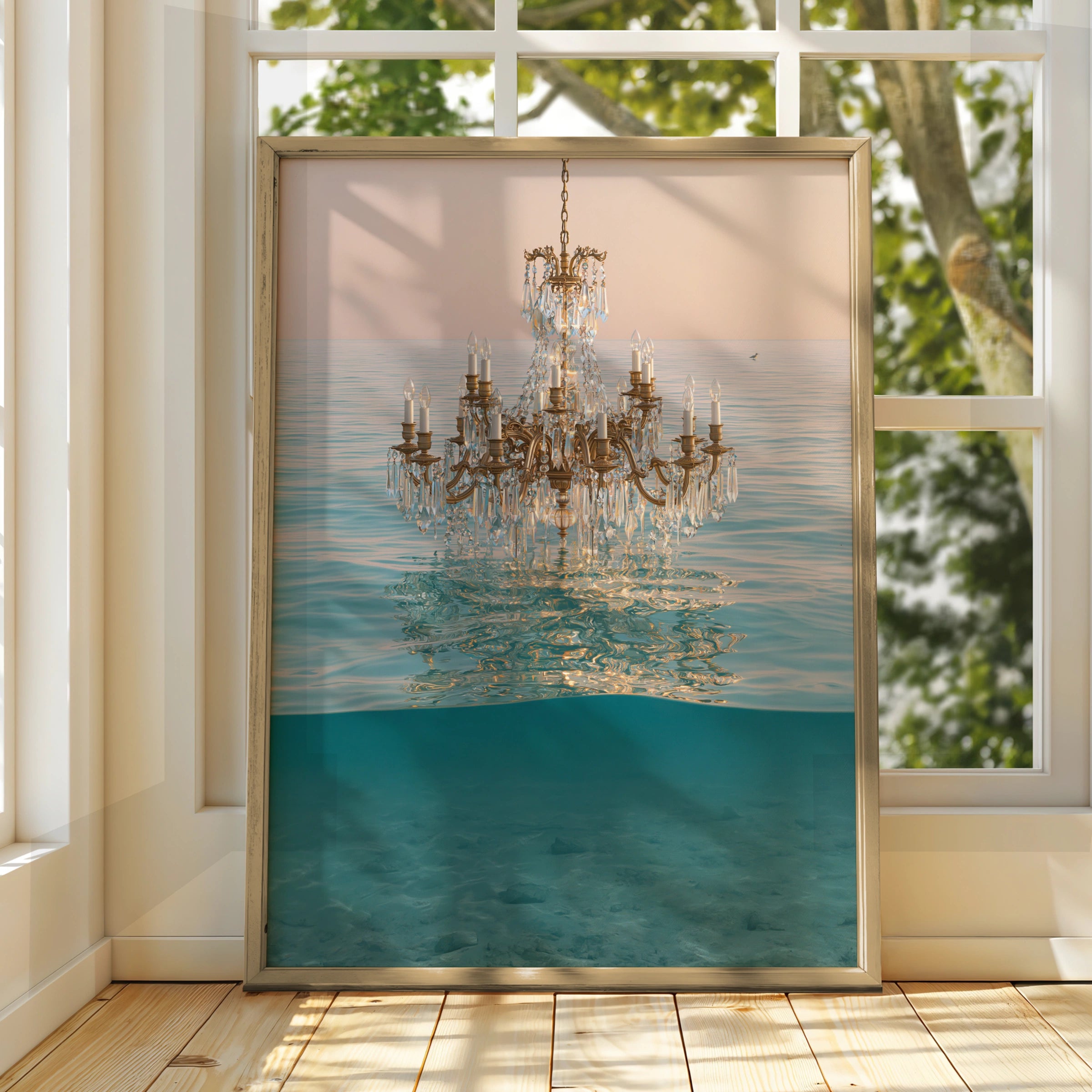 Chandelier Water Scene, Elegant Wall Art, Modern Home Decor, Ocean Aesthetic, Light and Reflections