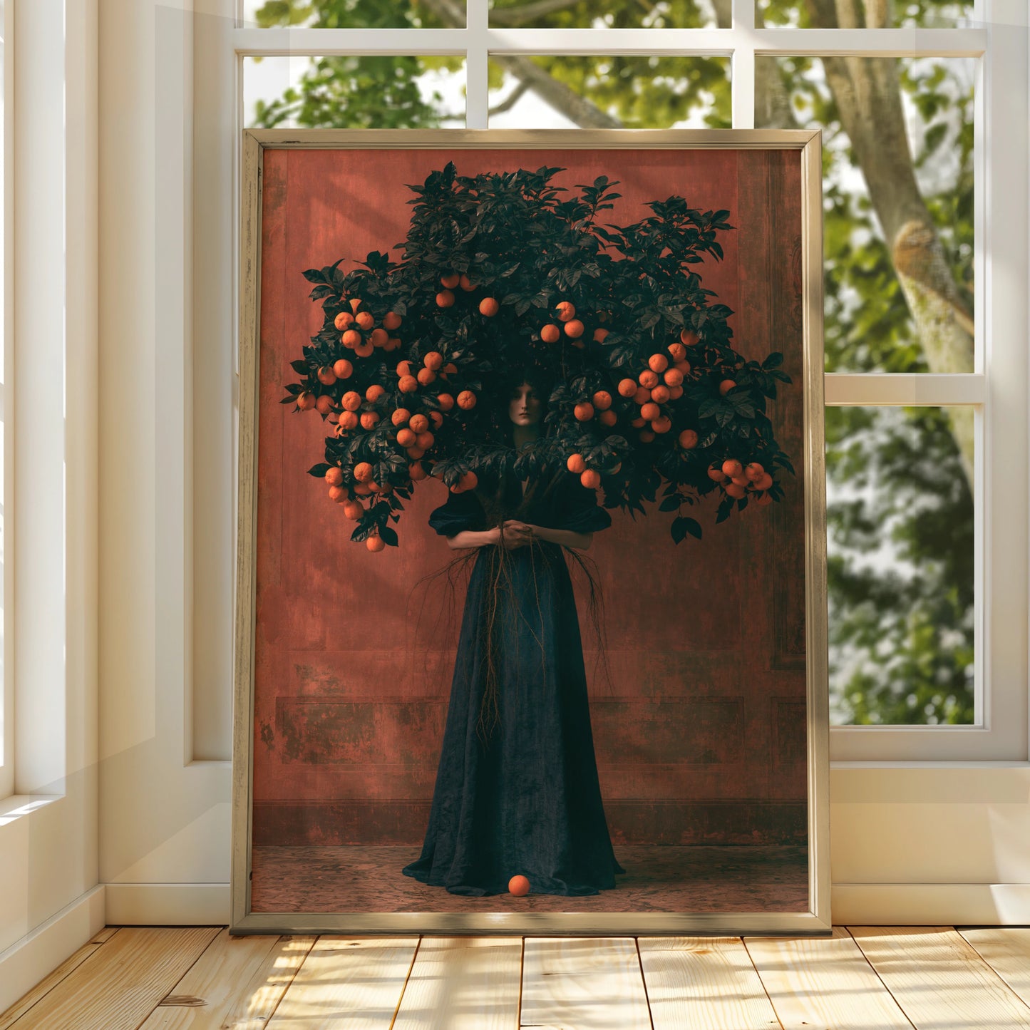 Orange Tree Woman, Orange Poster Art, Abstract, Surreal, Statement Wall Decor