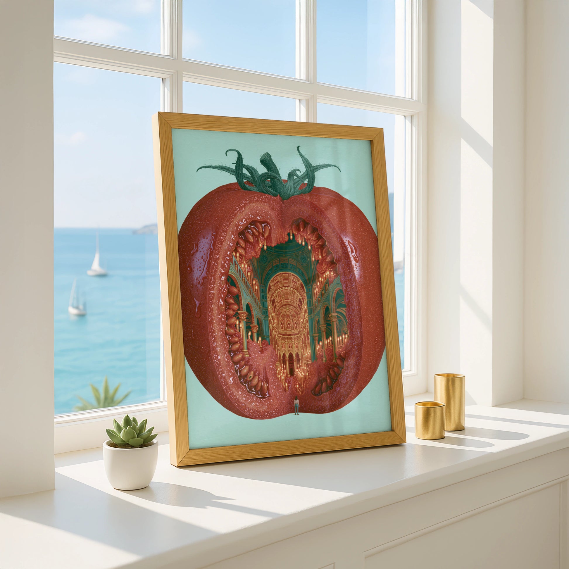 Tomato Cathedral Artwork, Whimsical Fruit Illustration, Modern Kitchen Decor, Vibrant Wall Art