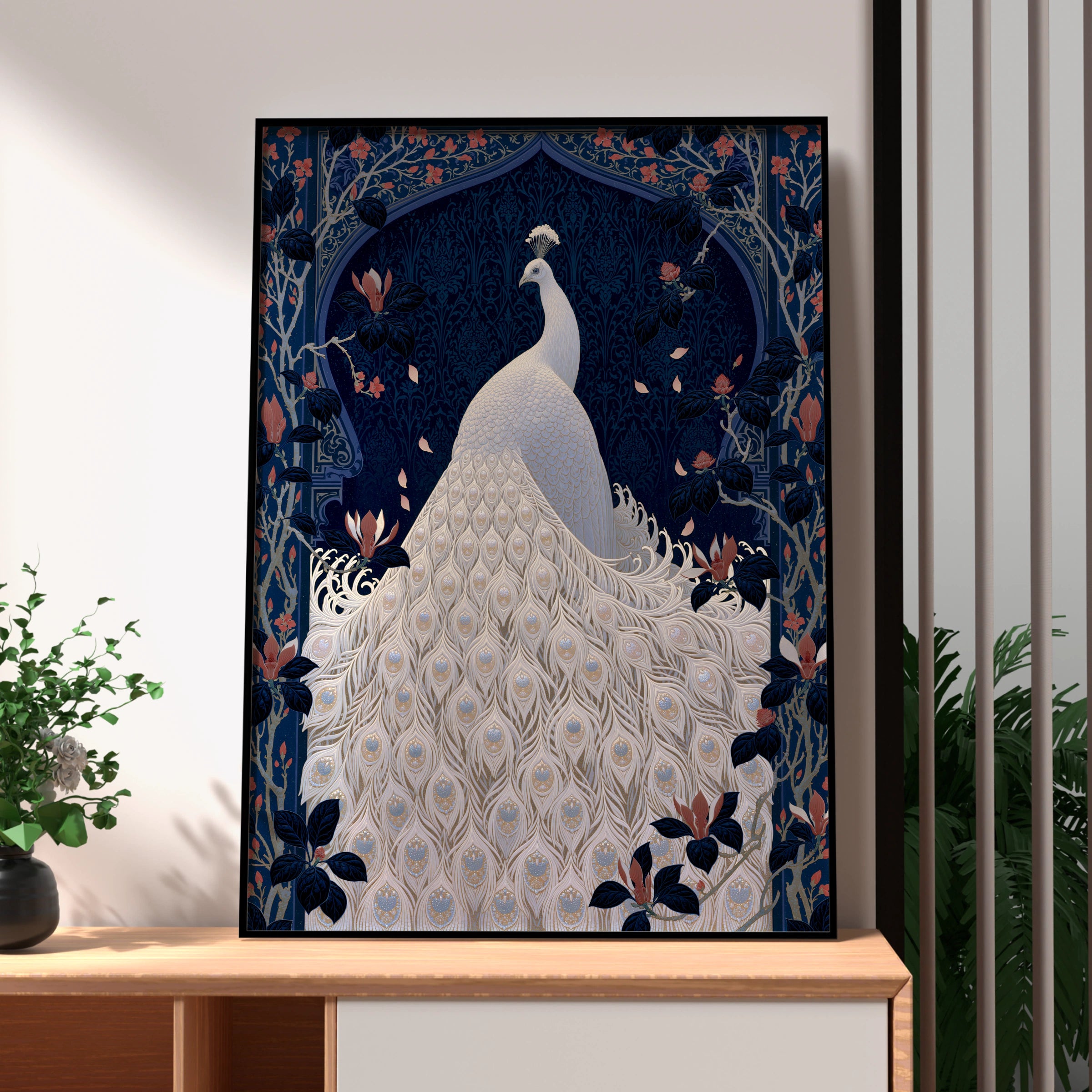 Elegant Peacock Artwork, White Plumage Poster, Floral Design, Wall Art for Home Decor