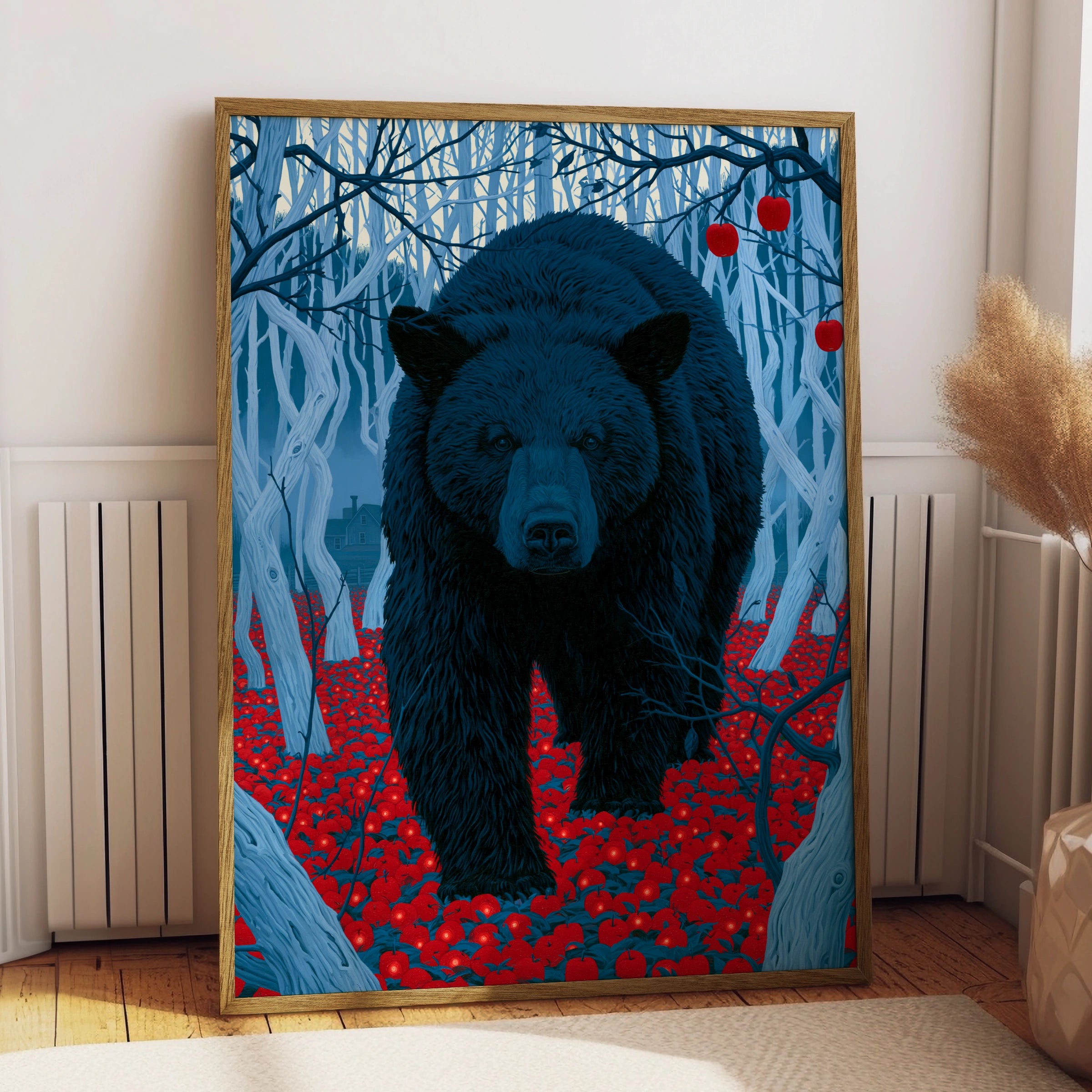 Bear in Apple Orchard, Art Print, Blue and Red, Wildlife Decor, Nature Wall Art