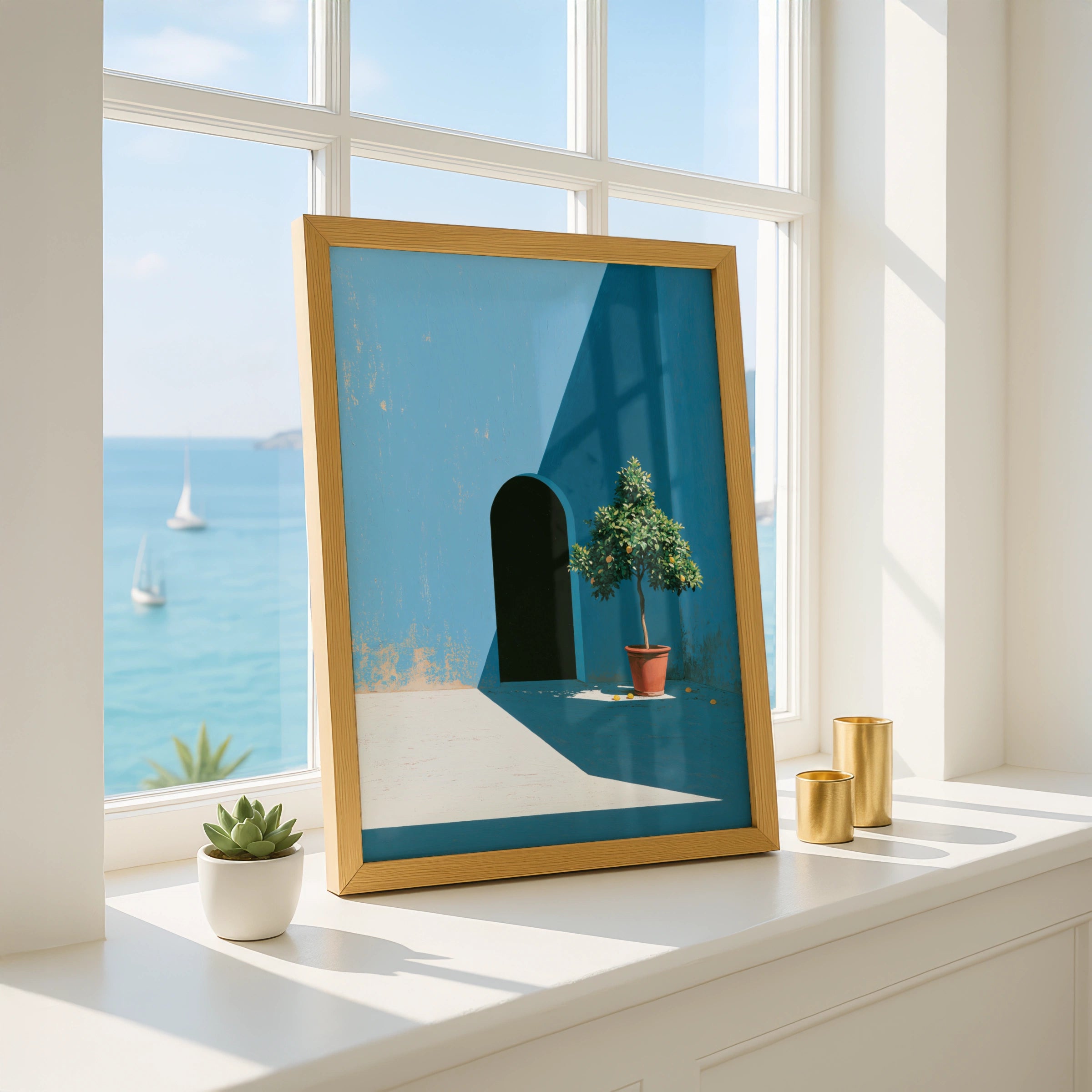 Courtyard Blue Scene, Potted Lemon Tree Art Print, Minimalist Decor, Vibrant Colours