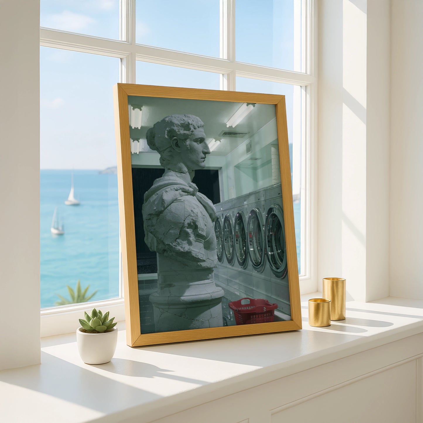 Statue in Laundry Room, Modern Art Print, Unique Home Decor, Minimalist Print, Green and Grey Tones