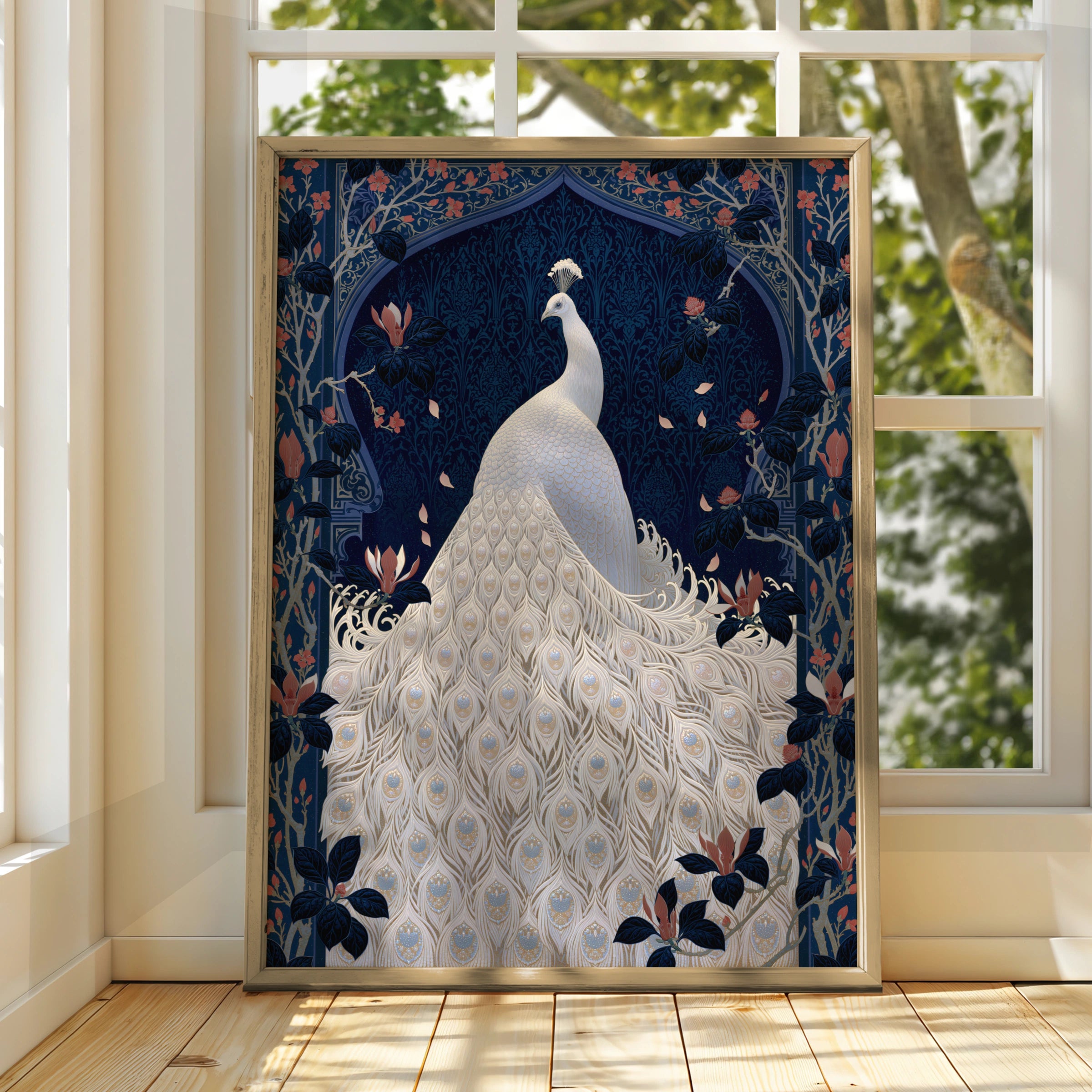 Elegant Peacock Artwork, White Plumage Poster, Floral Design, Wall Art for Home Decor