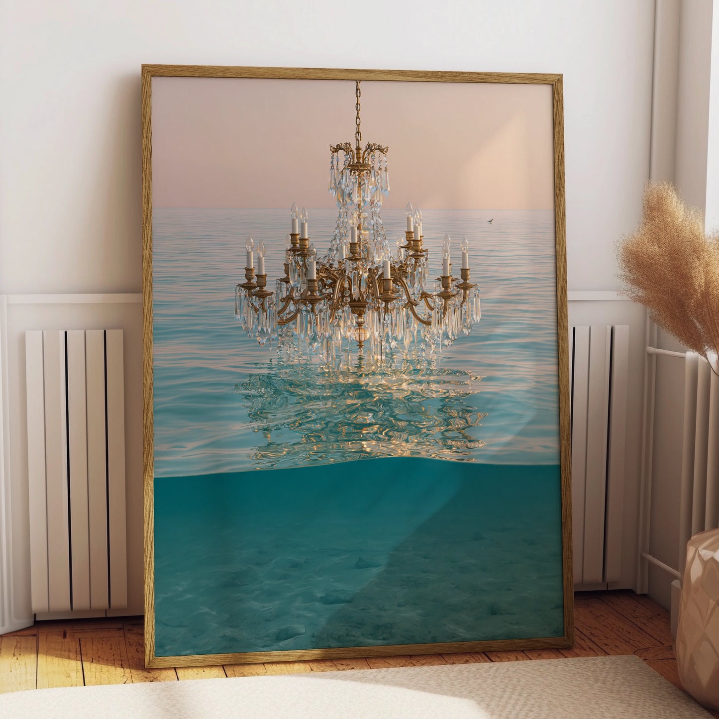 Chandelier Water Scene, Elegant Wall Art, Modern Home Decor, Ocean Aesthetic, Light and Reflections
