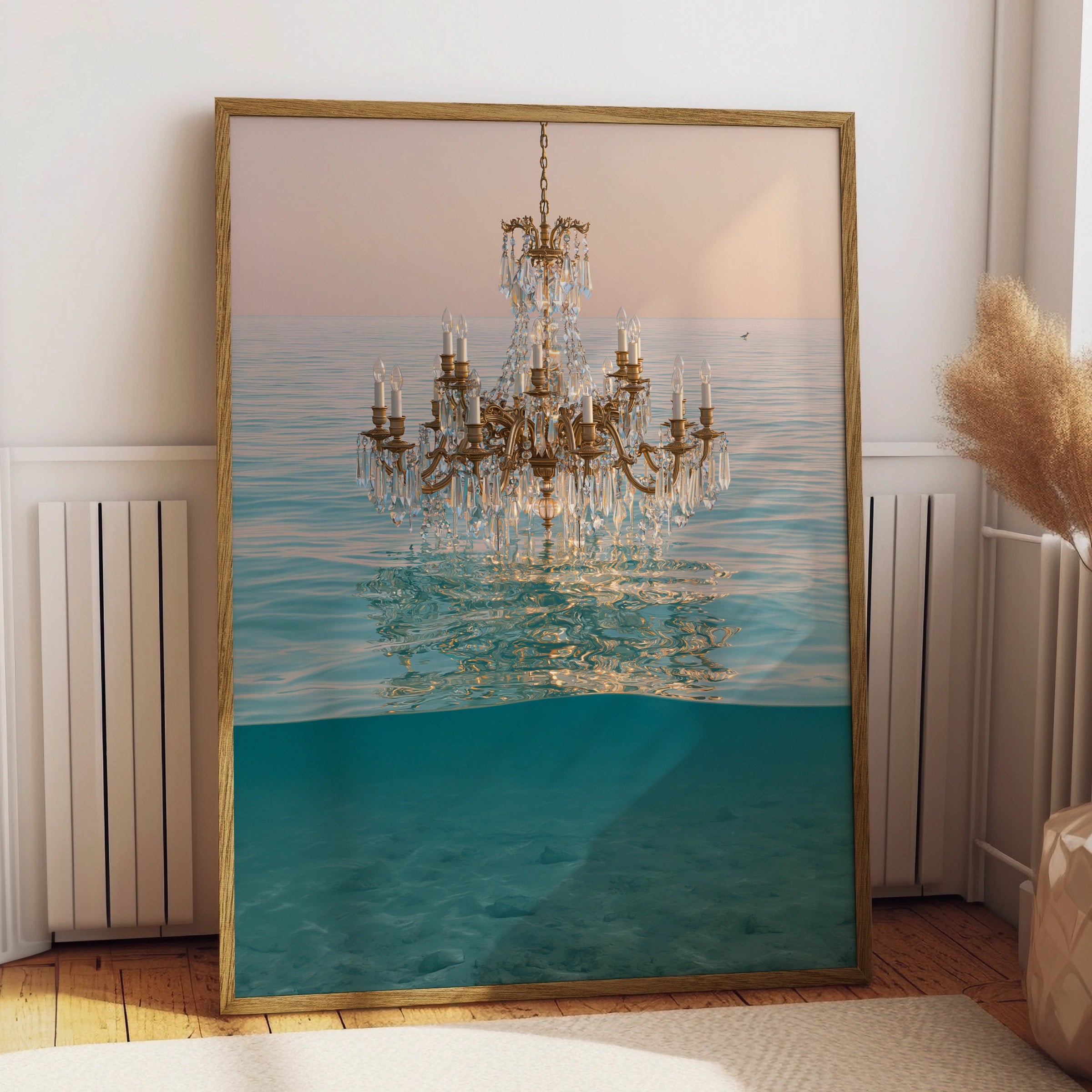 Chandelier Water Scene, Elegant Wall Art, Modern Home Decor, Ocean Aesthetic, Light and Reflections