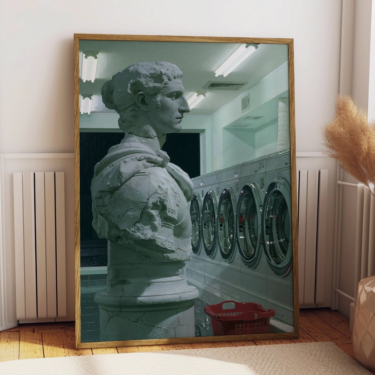 Statue in Laundry Room, Modern Art Print, Unique Home Decor, Minimalist Print, Green and Grey Tones