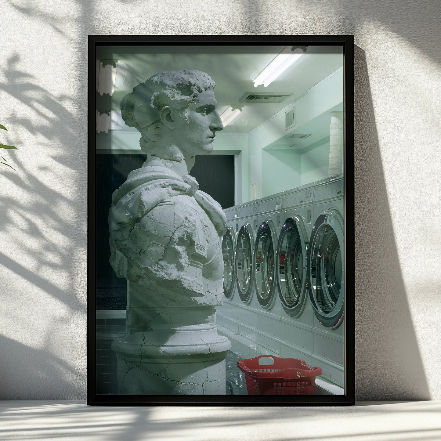 Statue in Laundry Room, Modern Art Print, Unique Home Decor, Minimalist Print, Green and Grey Tones