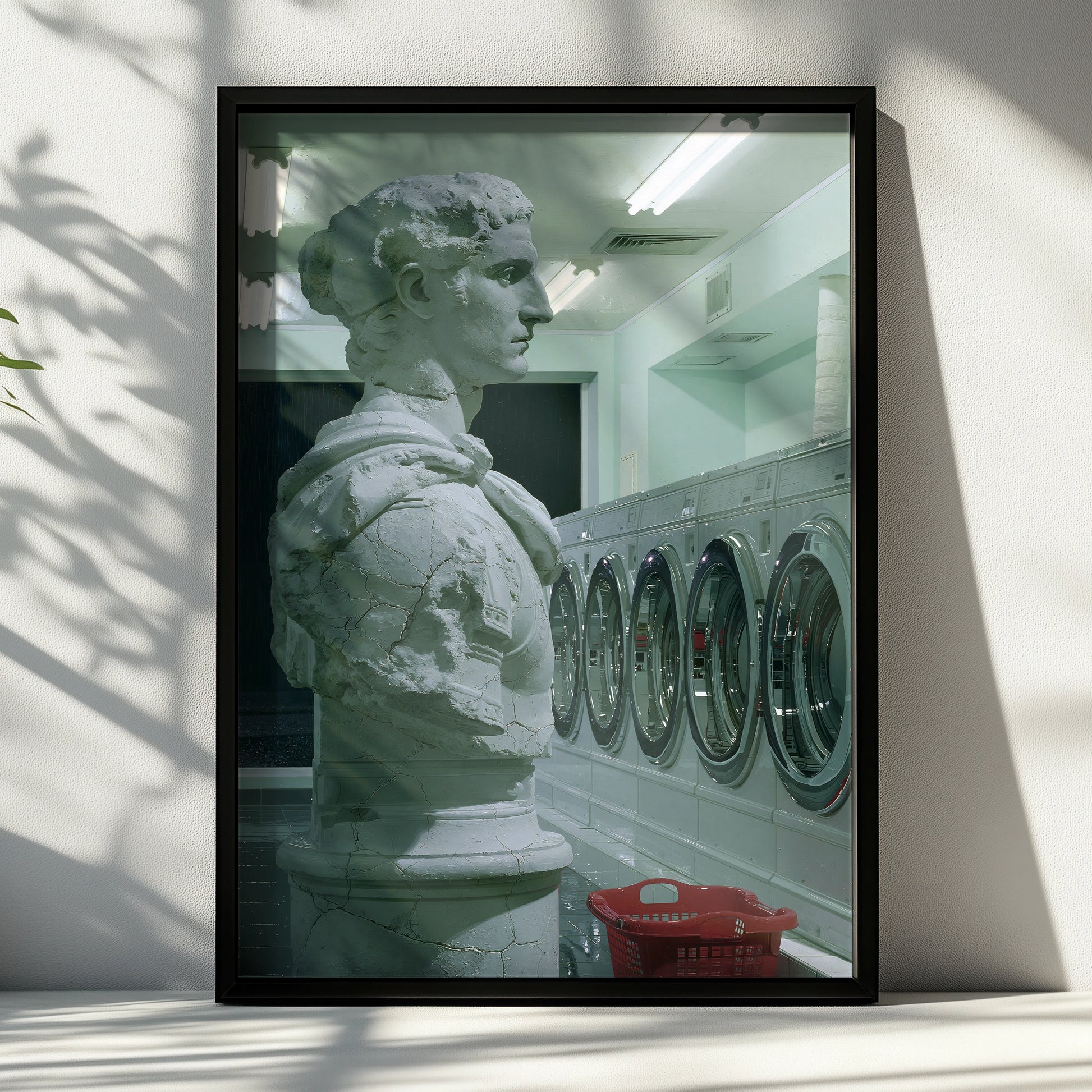 Statue in Laundry Room, Modern Art Print, Unique Home Decor, Minimalist Print, Green and Grey Tones
