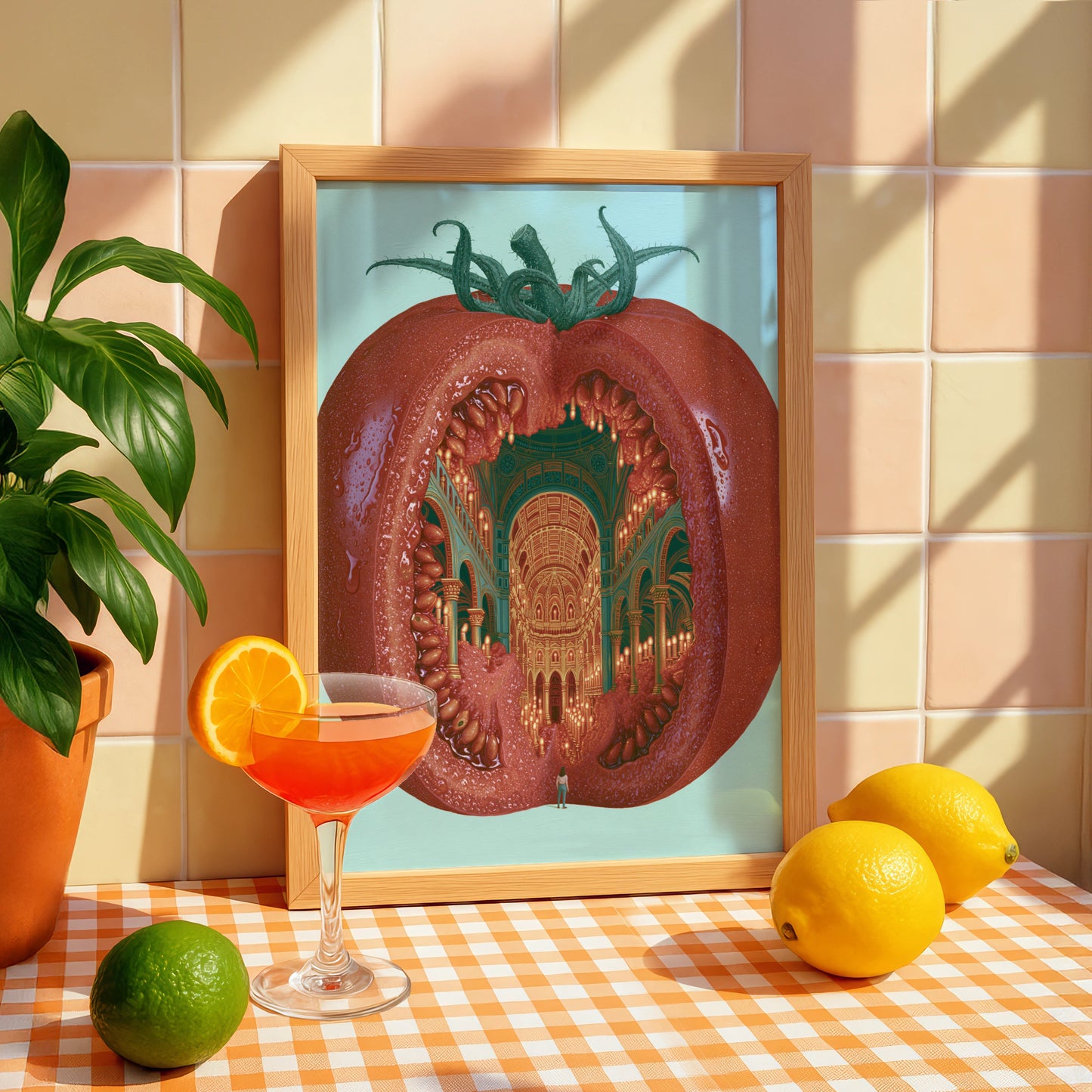 Tomato Cathedral Artwork, Whimsical Fruit Illustration, Modern Kitchen Decor, Vibrant Wall Art