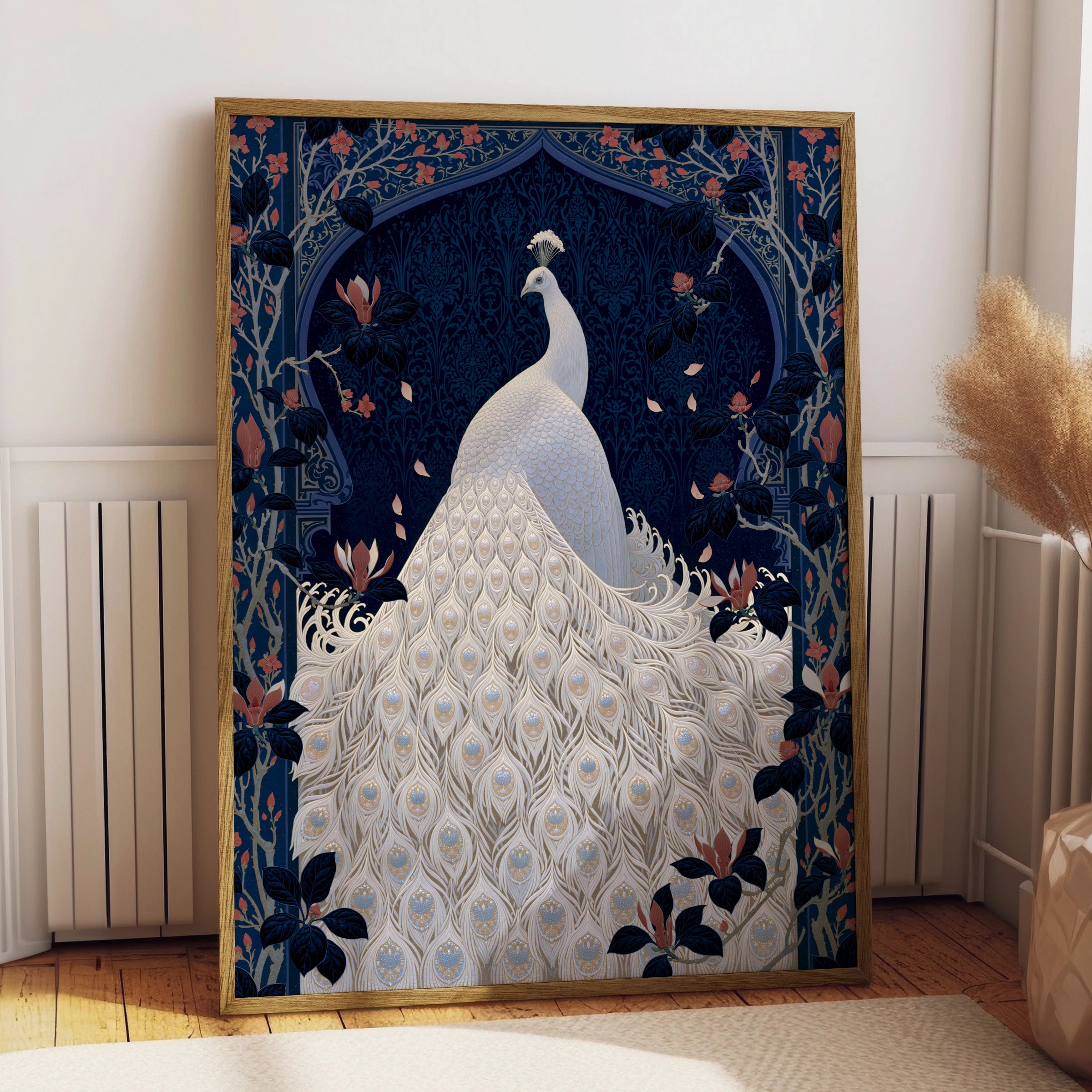 Elegant Peacock Artwork, White Plumage Poster, Floral Design, Wall Art for Home Decor