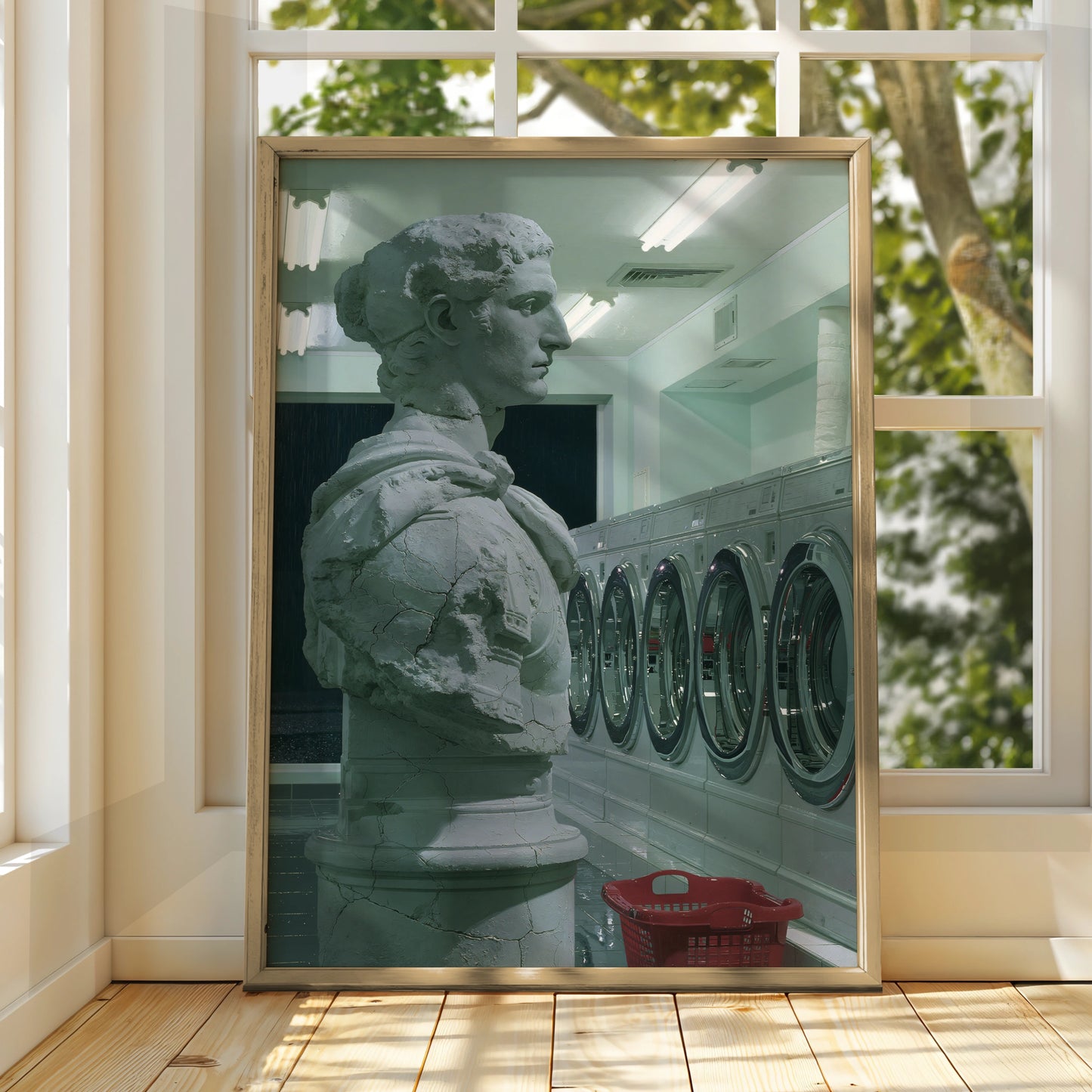 Statue in Laundry Room, Modern Art Print, Unique Home Decor, Minimalist Print, Green and Grey Tones
