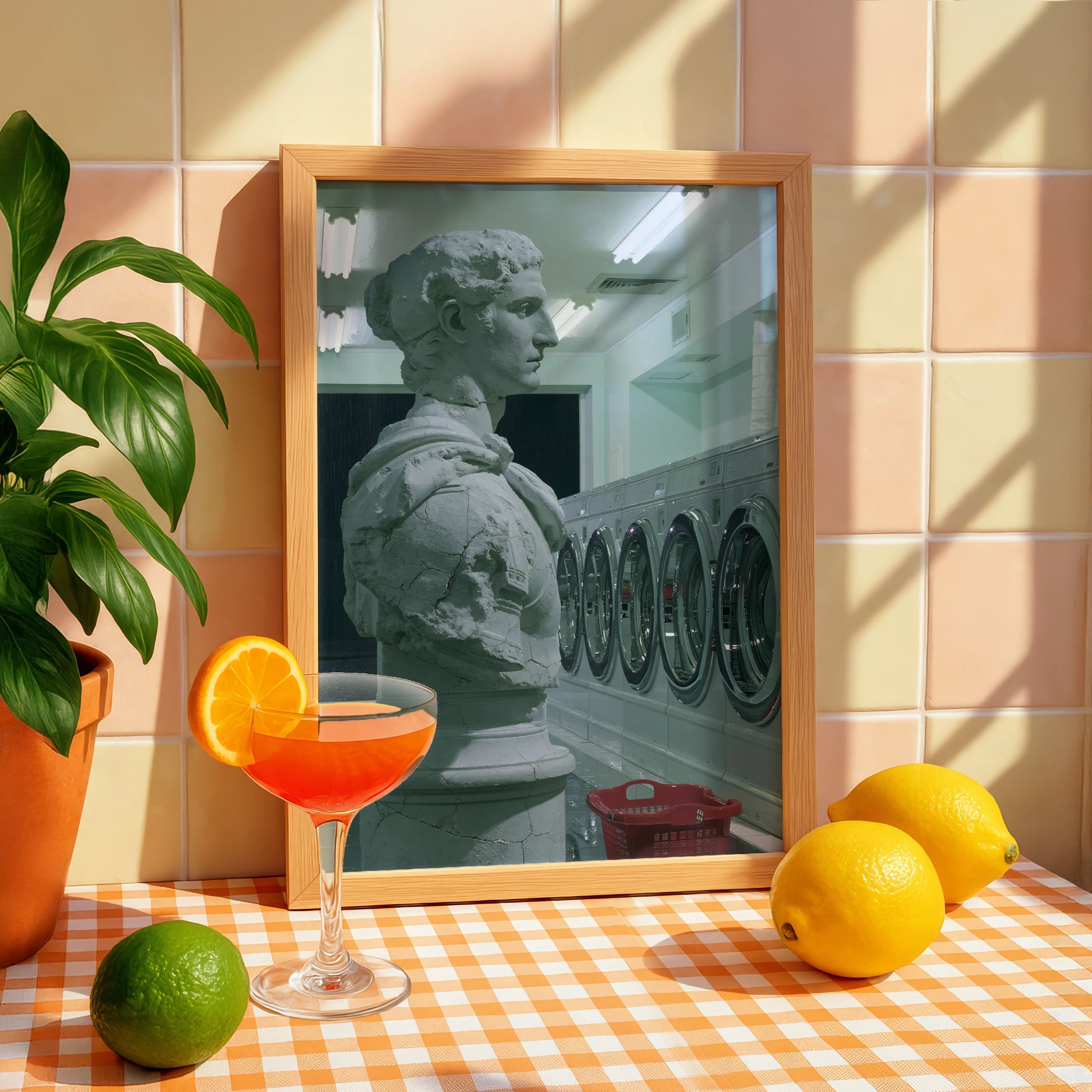Statue in Laundry Room, Modern Art Print, Unique Home Decor, Minimalist Print, Green and Grey Tones