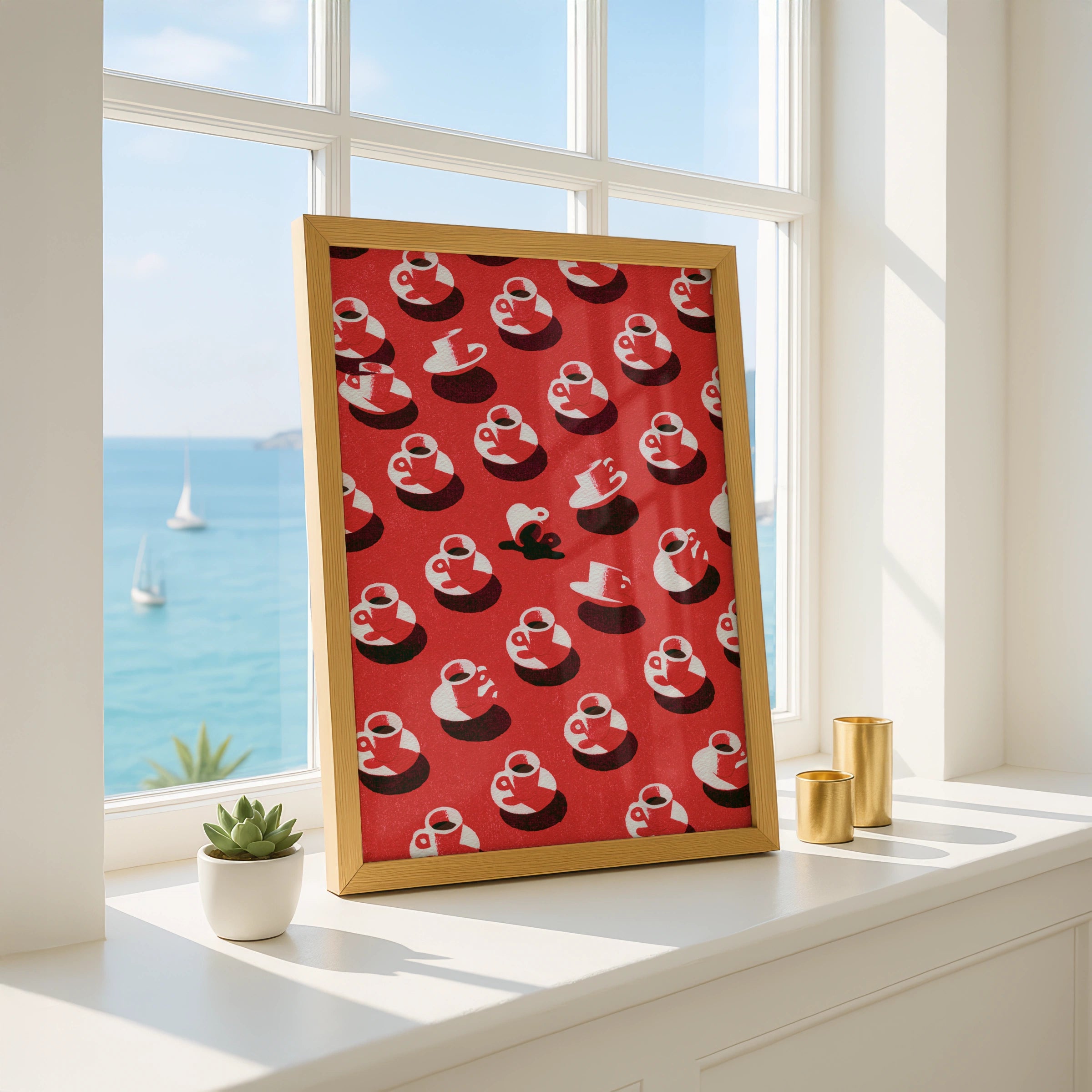 Coffee Cup Pattern Art Print, Red Wall Decor, Modern Kitchen Poster, Graphic Drink Design
