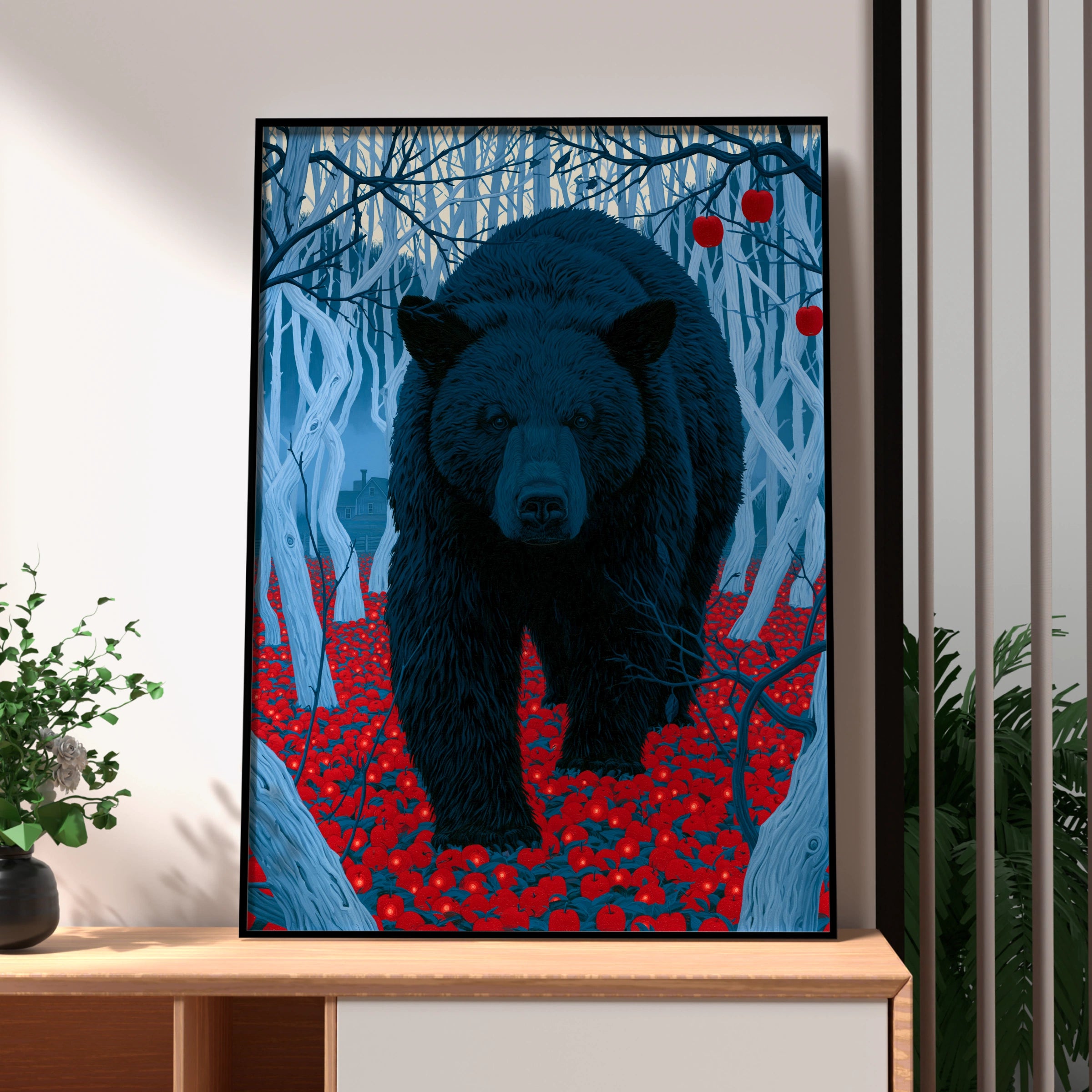 Bear in Apple Orchard, Art Print, Blue and Red, Wildlife Decor, Nature Wall Art