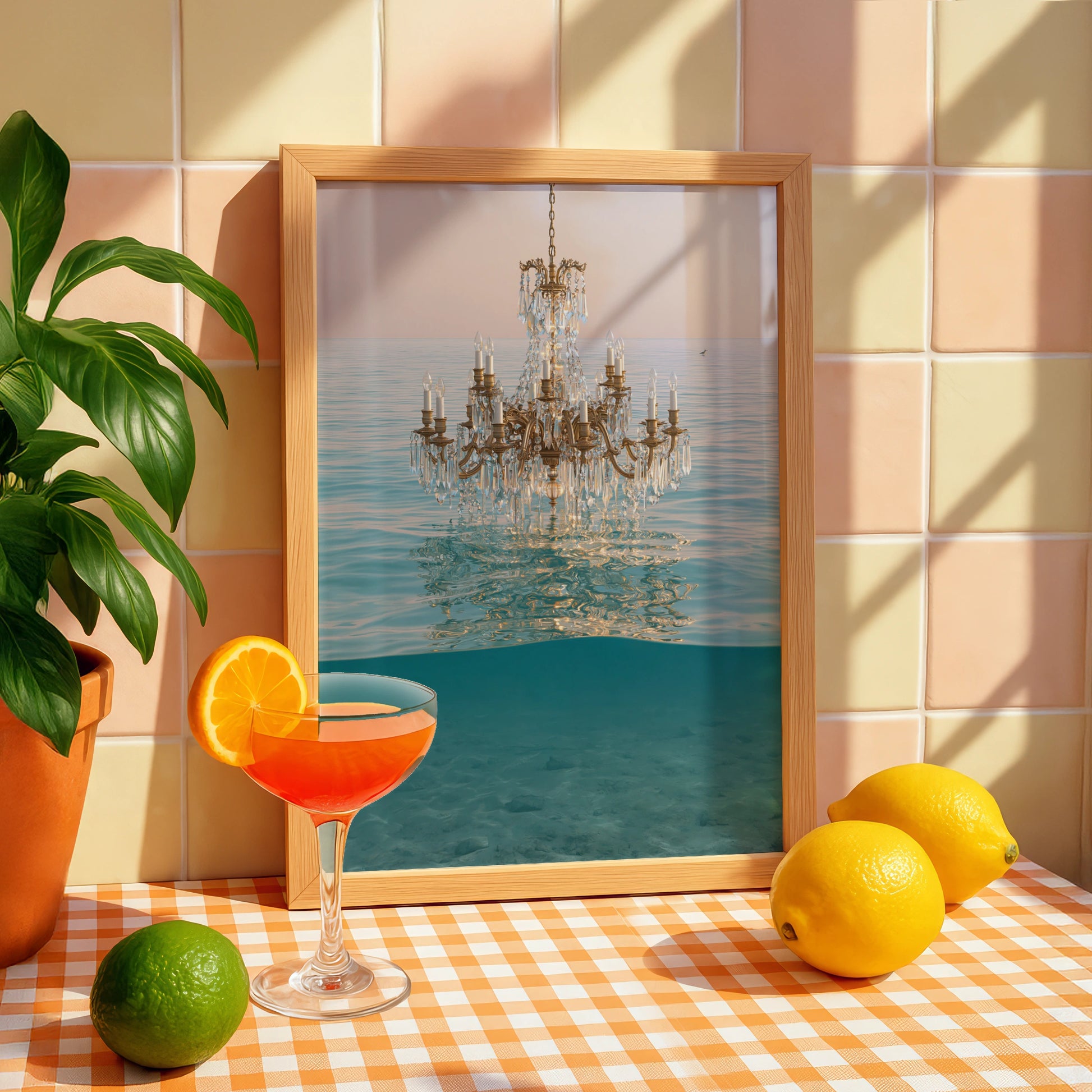 Chandelier Water Scene, Elegant Wall Art, Modern Home Decor, Ocean Aesthetic, Light and Reflections