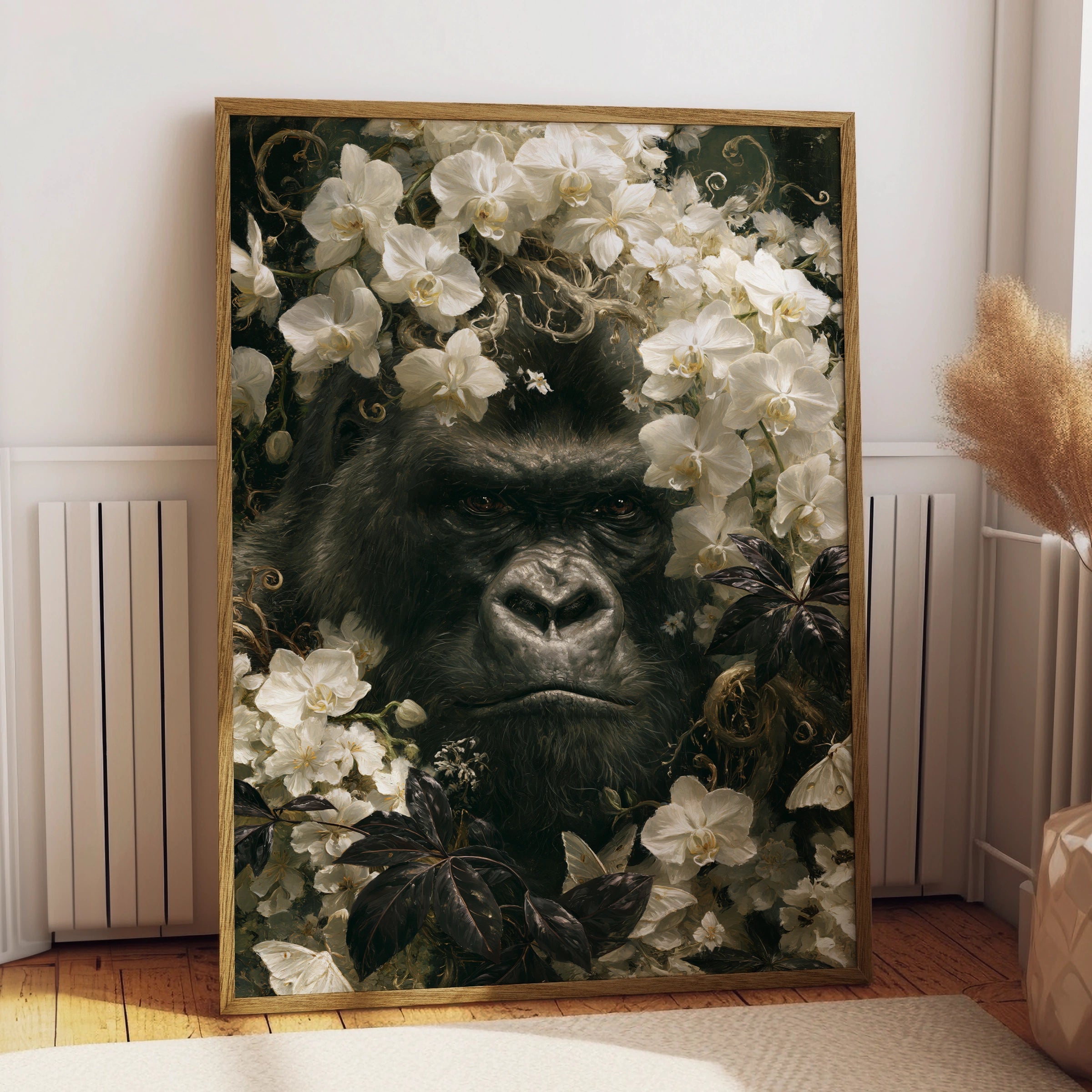 Gorilla Among Flowers, Wall Art Print, Nature, Botanical, Wildlife Decor