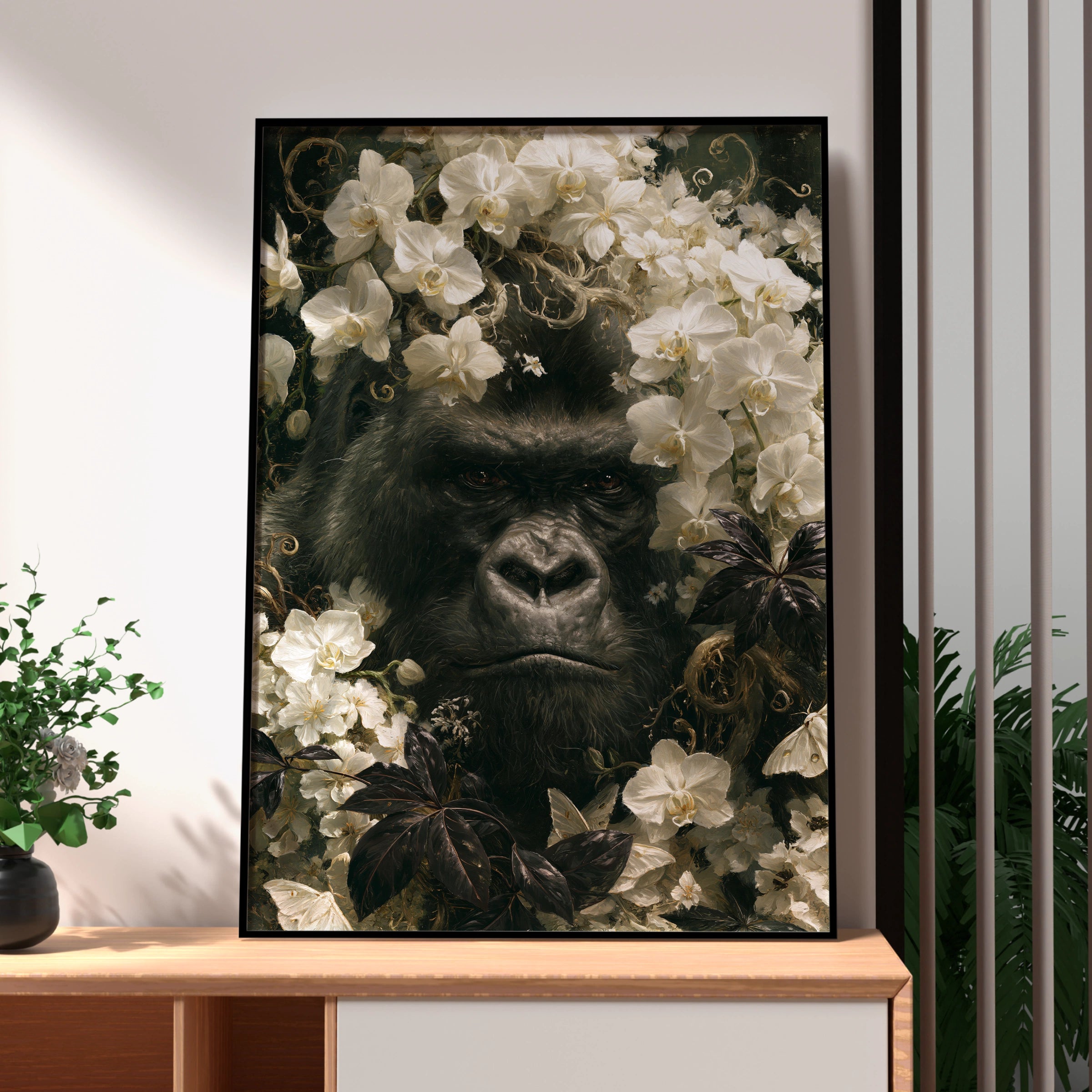 Gorilla Among Flowers, Wall Art Print, Nature, Botanical, Wildlife Decor
