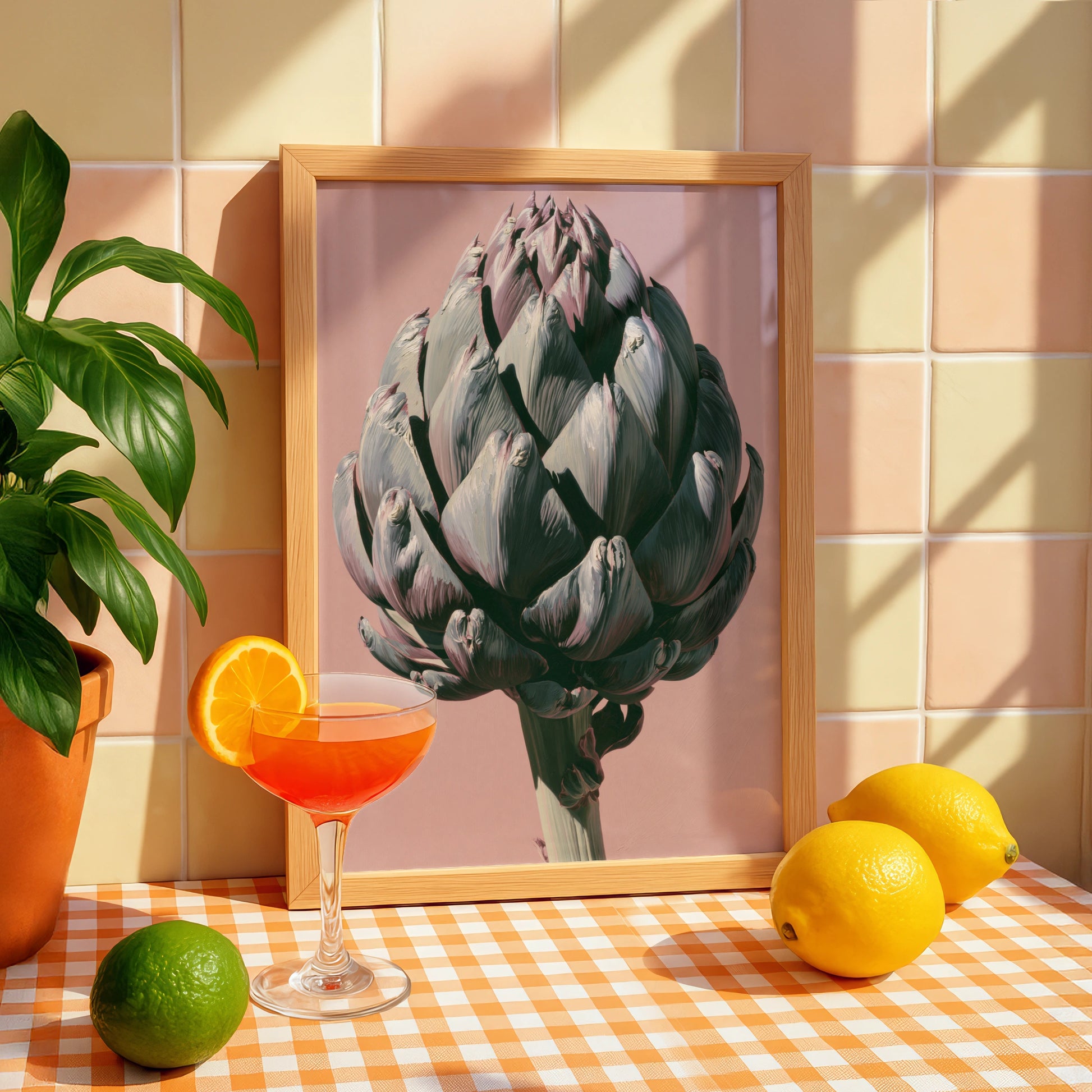 Artichoke Wall Art, Pink Background, Botanical Print, Modern Home Decor