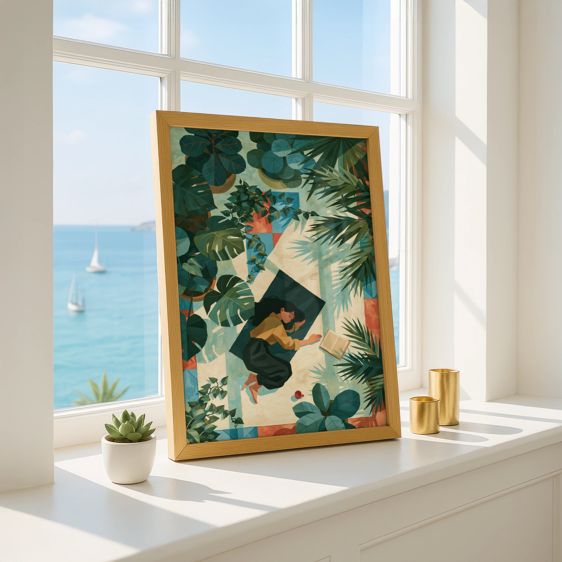 Reading Girl Surrounded by Plants, Art Print, Colourful Peaceful Home Decor