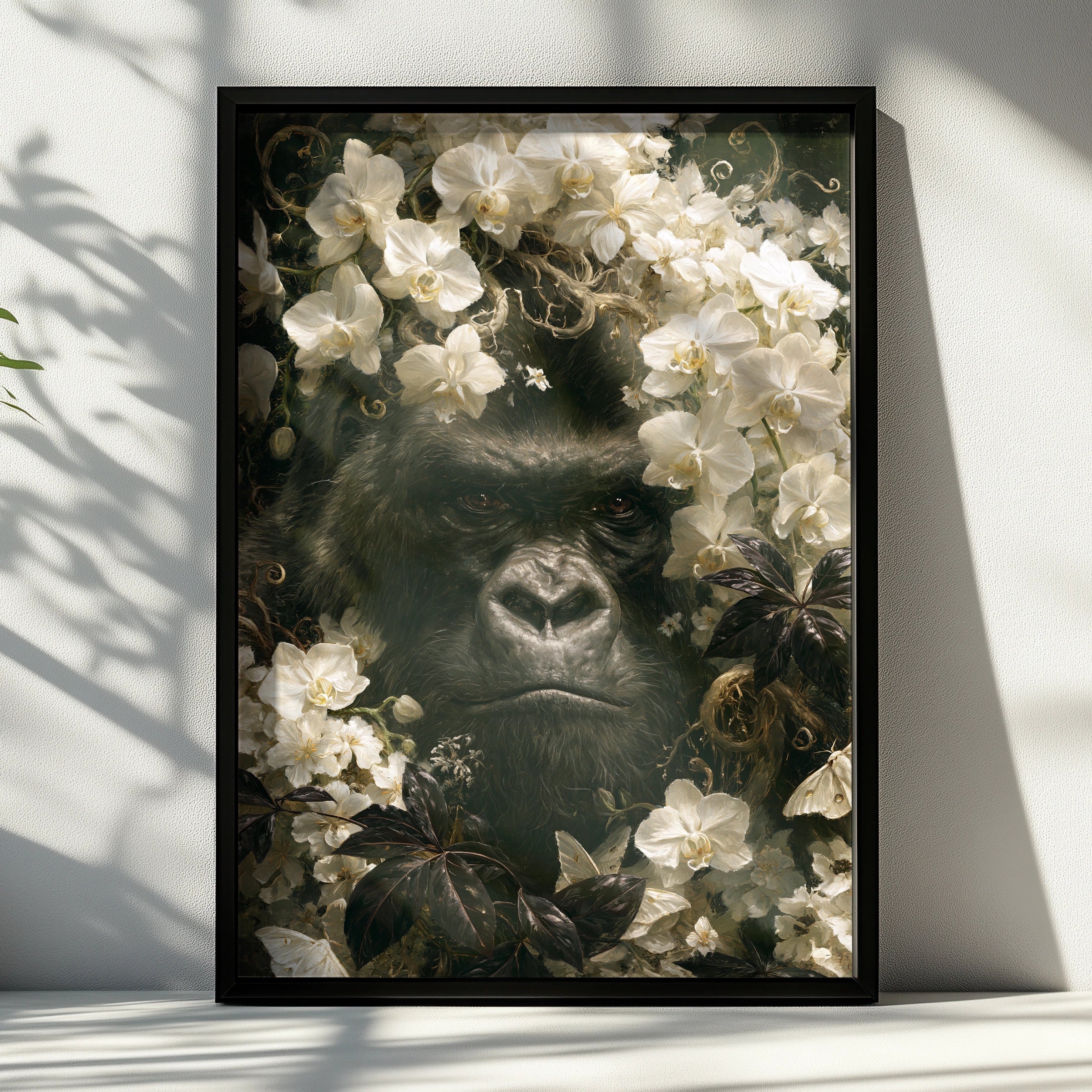 Gorilla Among Flowers, Wall Art Print, Nature, Botanical, Wildlife Decor