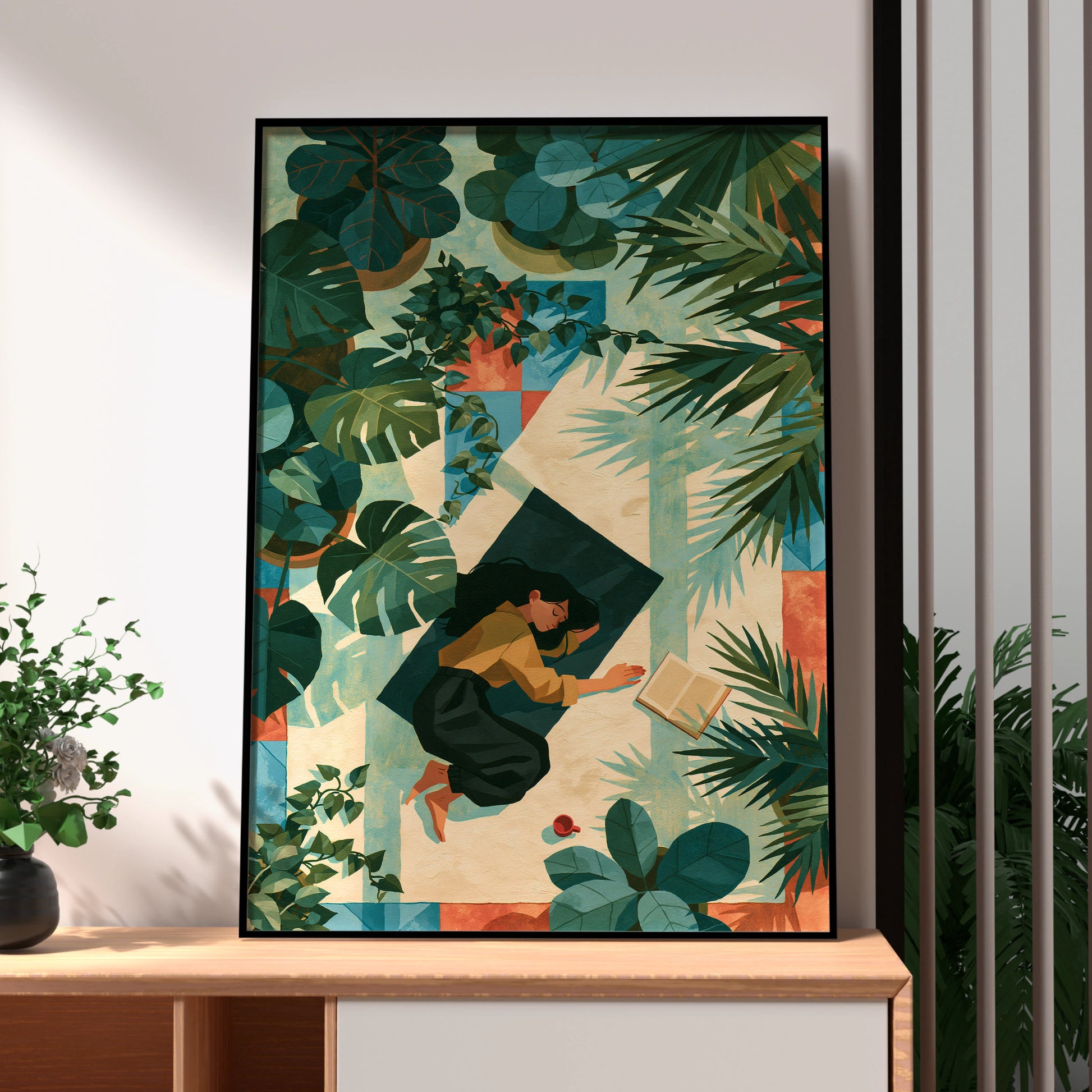 Reading Girl Surrounded by Plants, Art Print, Colourful Peaceful Home Decor