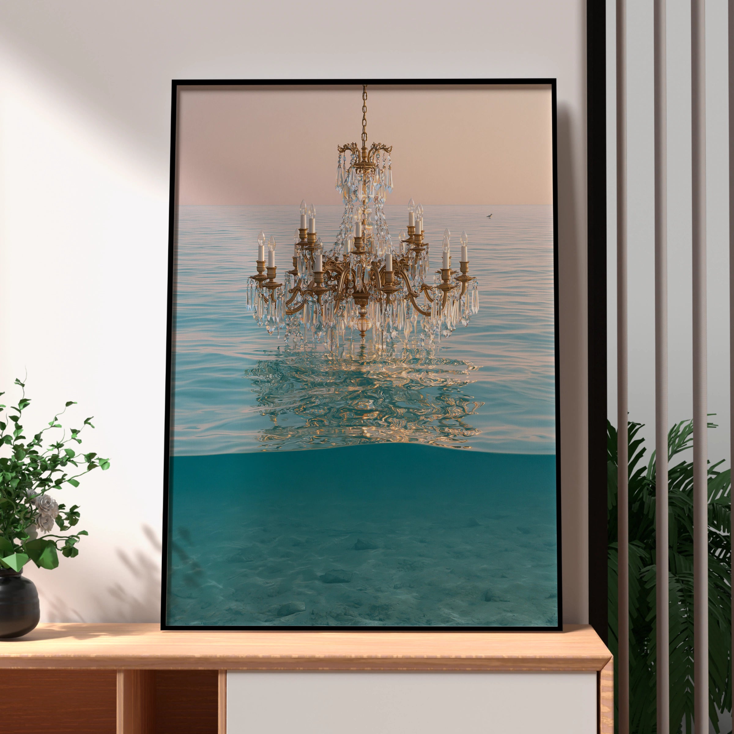 Chandelier Water Scene, Elegant Wall Art, Modern Home Decor, Ocean Aesthetic, Light and Reflections