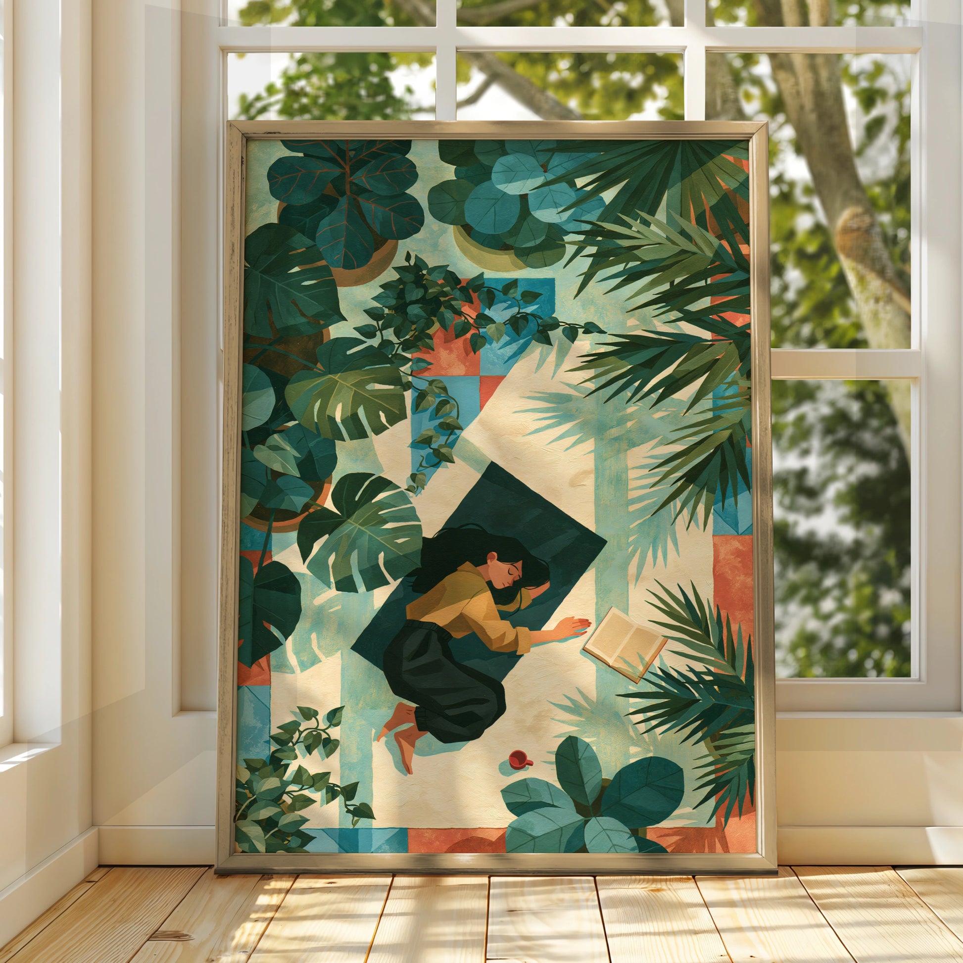 Reading Girl Surrounded by Plants, Art Print, Colourful Peaceful Home Decor