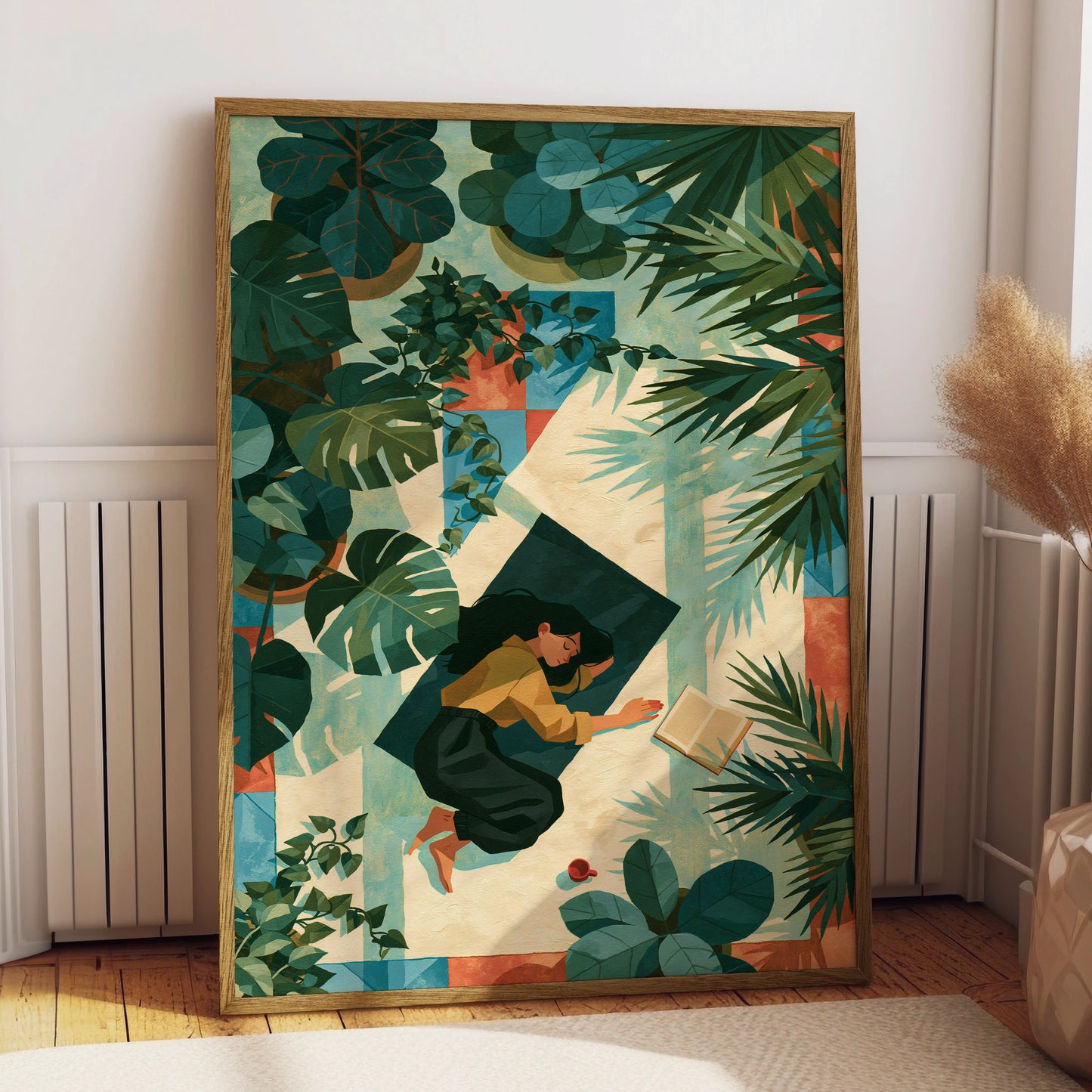 Reading Girl Surrounded by Plants, Art Print, Colourful Peaceful Home Decor