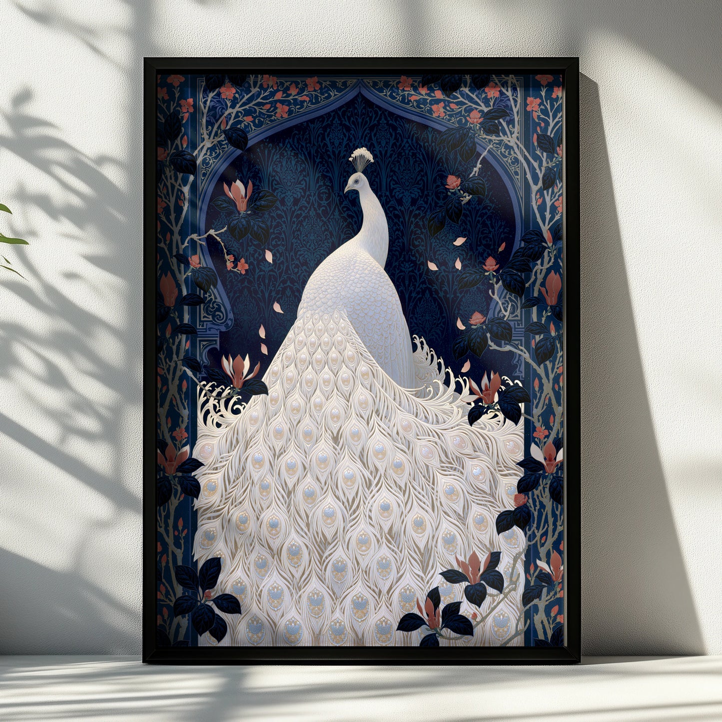 Elegant Peacock Artwork, White Plumage Poster, Floral Design, Wall Art for Home Decor