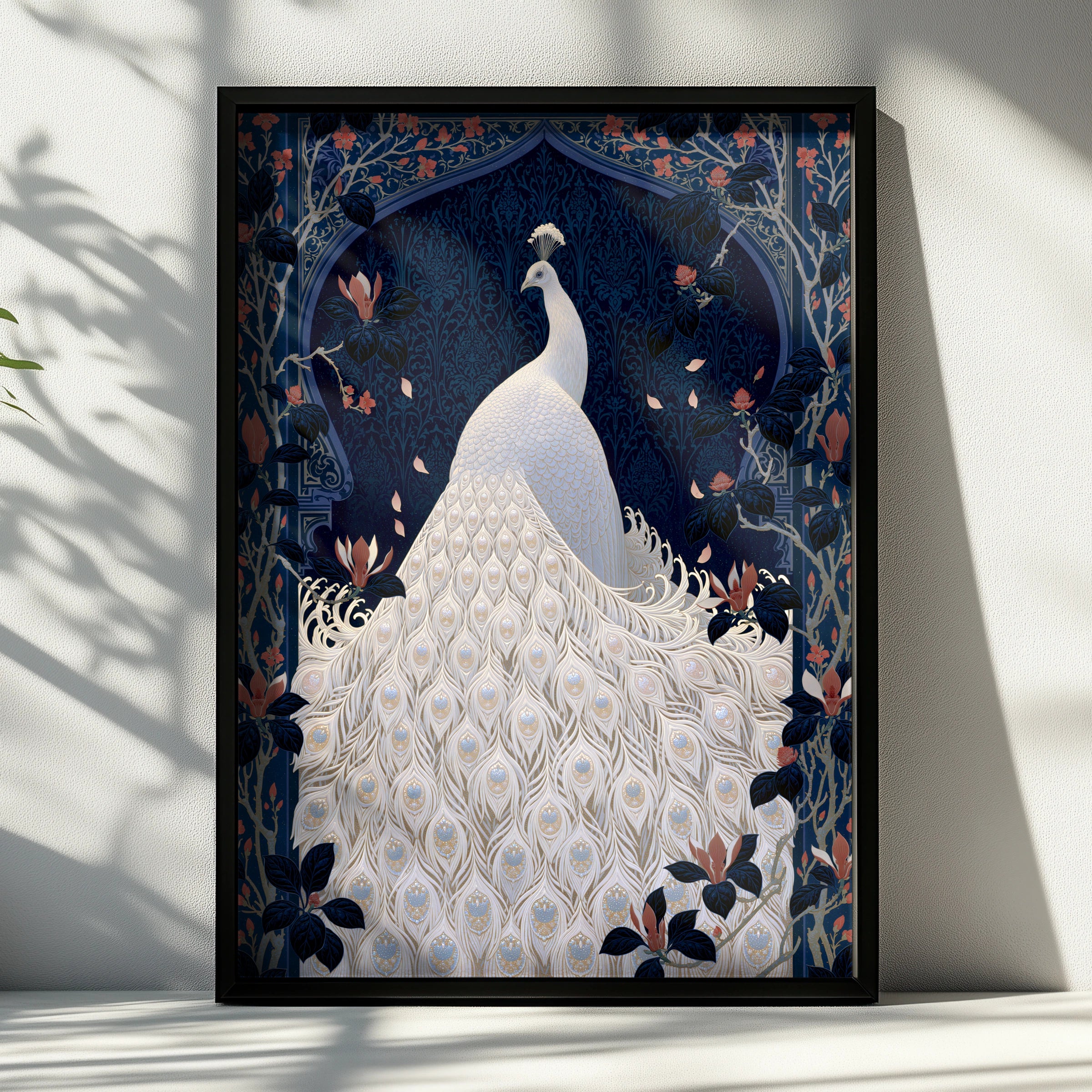 Elegant Peacock Artwork, White Plumage Poster, Floral Design, Wall Art for Home Decor