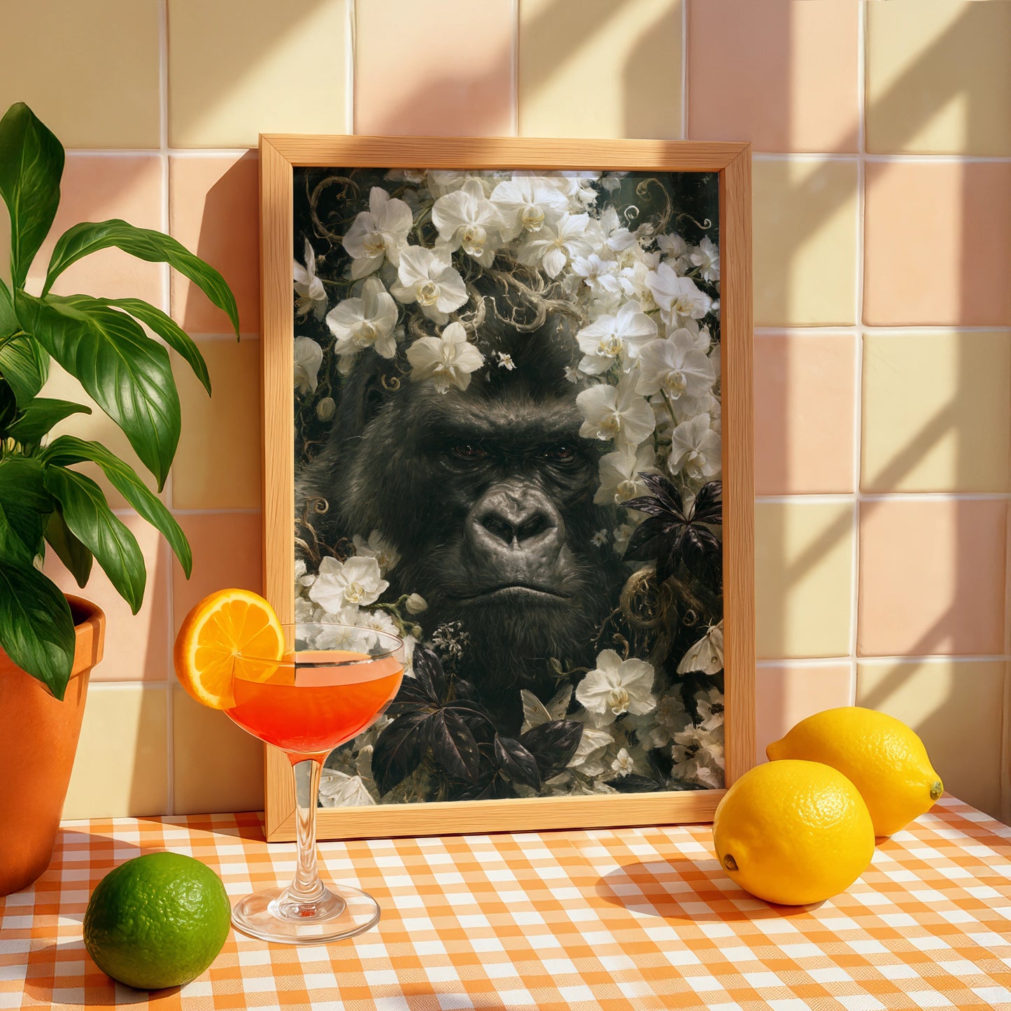 Gorilla Among Flowers, Wall Art Print, Nature, Botanical, Wildlife Decor