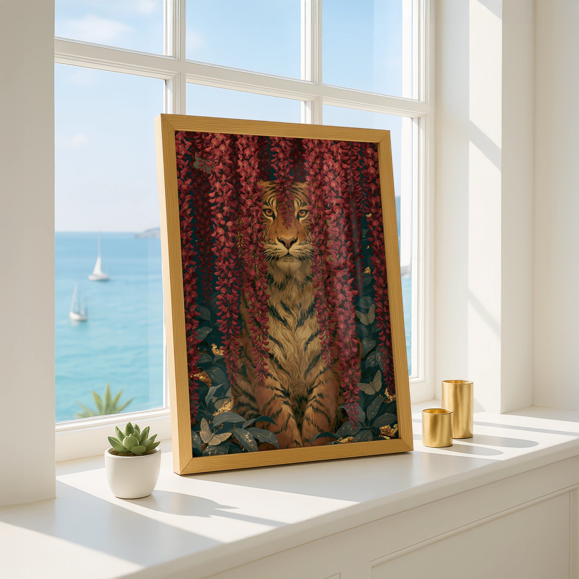 Tiger Behind Blossoming Flowers, Wall Art Print, Nature-Inspired Decor, Rustic Home Style