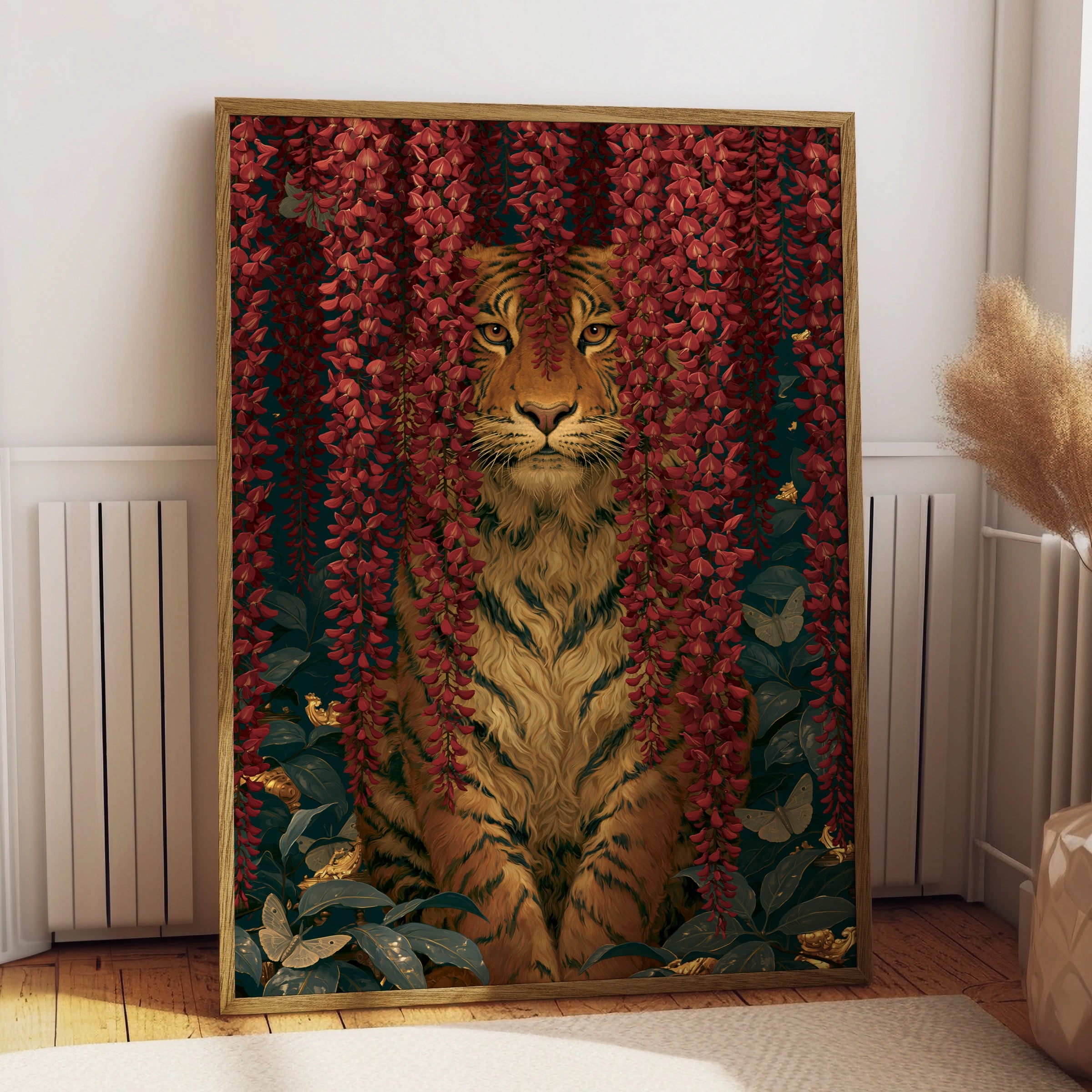 Tiger Behind Blossoming Flowers, Wall Art Print, Nature-Inspired Decor, Rustic Home Style