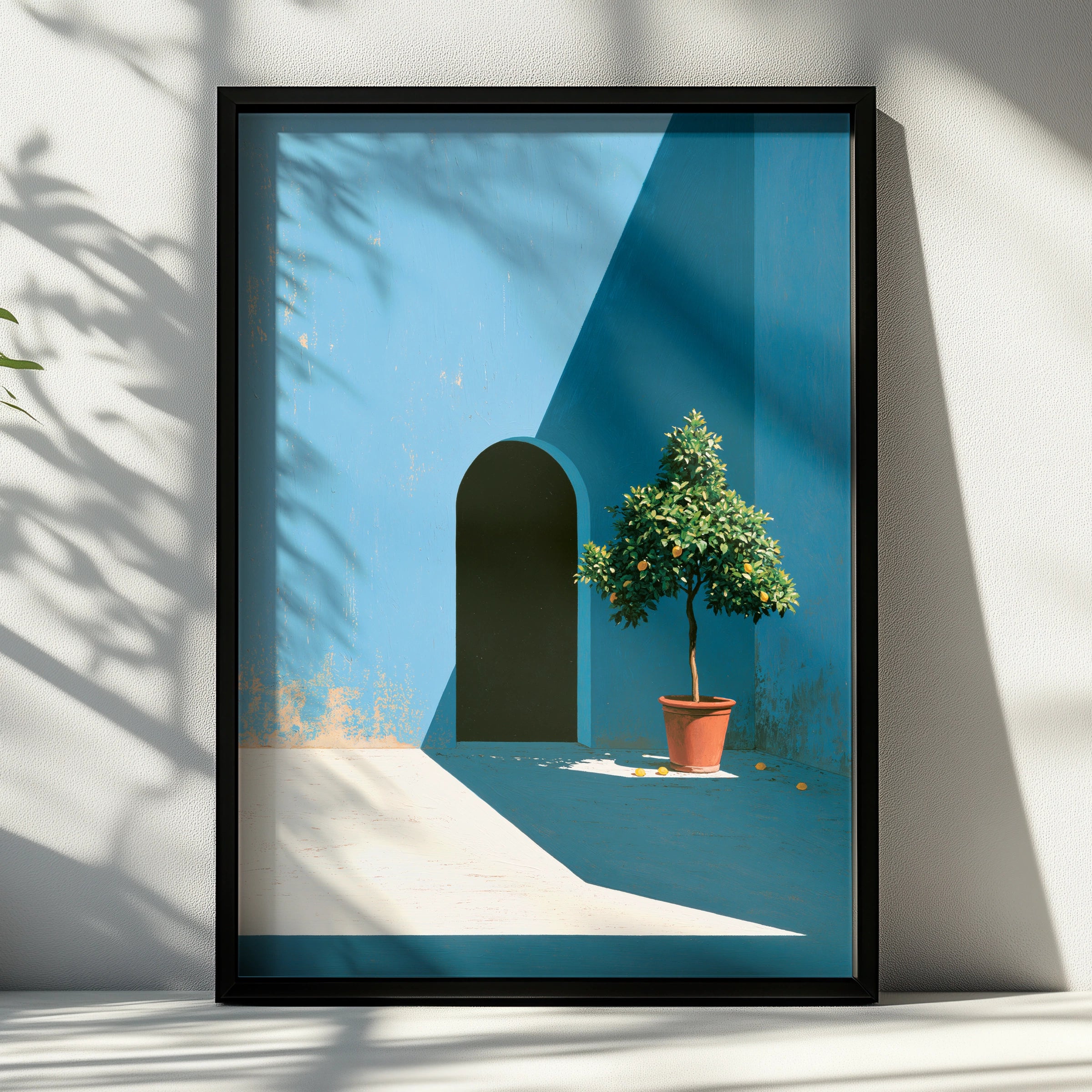 Courtyard Blue Scene, Potted Lemon Tree Art Print, Minimalist Decor, Vibrant Colours