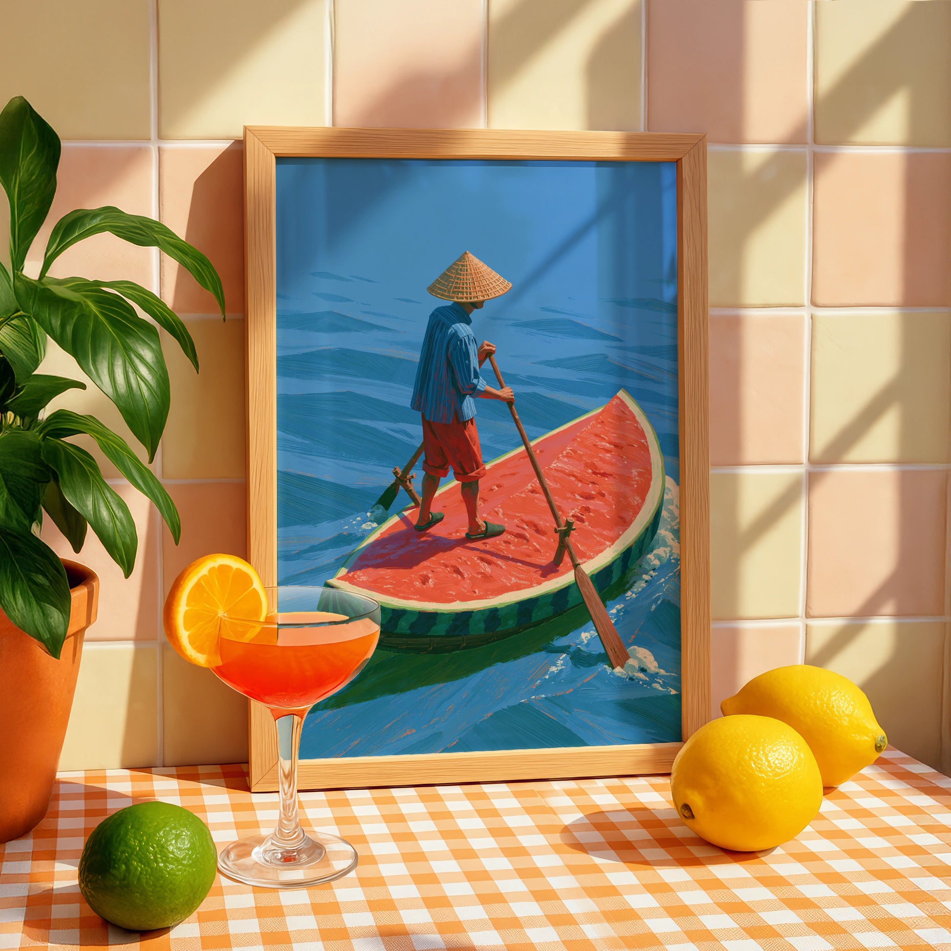 Watermelon Boat, Whimsical Art, Playful Decor, Colourful Illustration, Nautical Scene