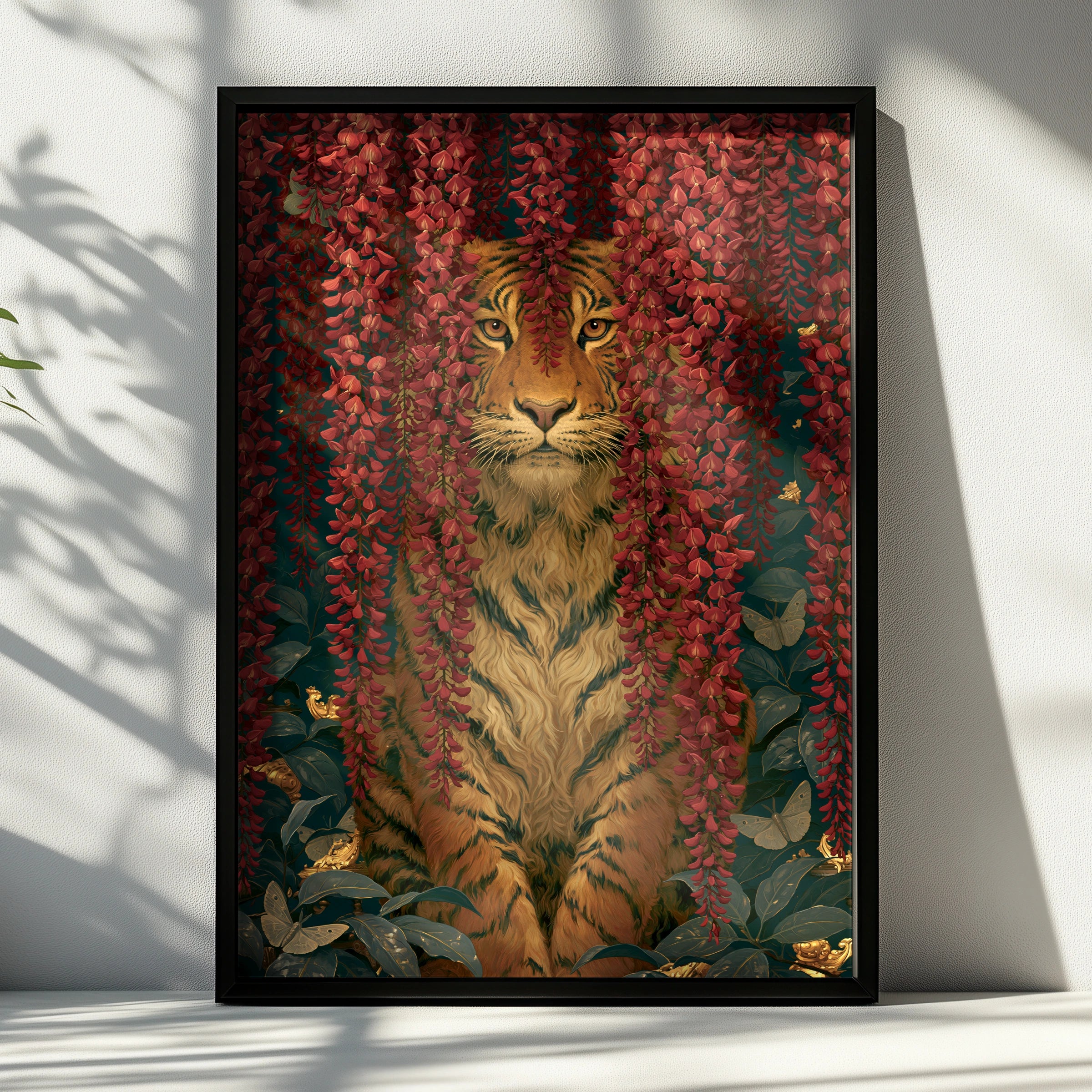 Tiger Behind Blossoming Flowers, Wall Art Print, Nature-Inspired Decor, Rustic Home Style