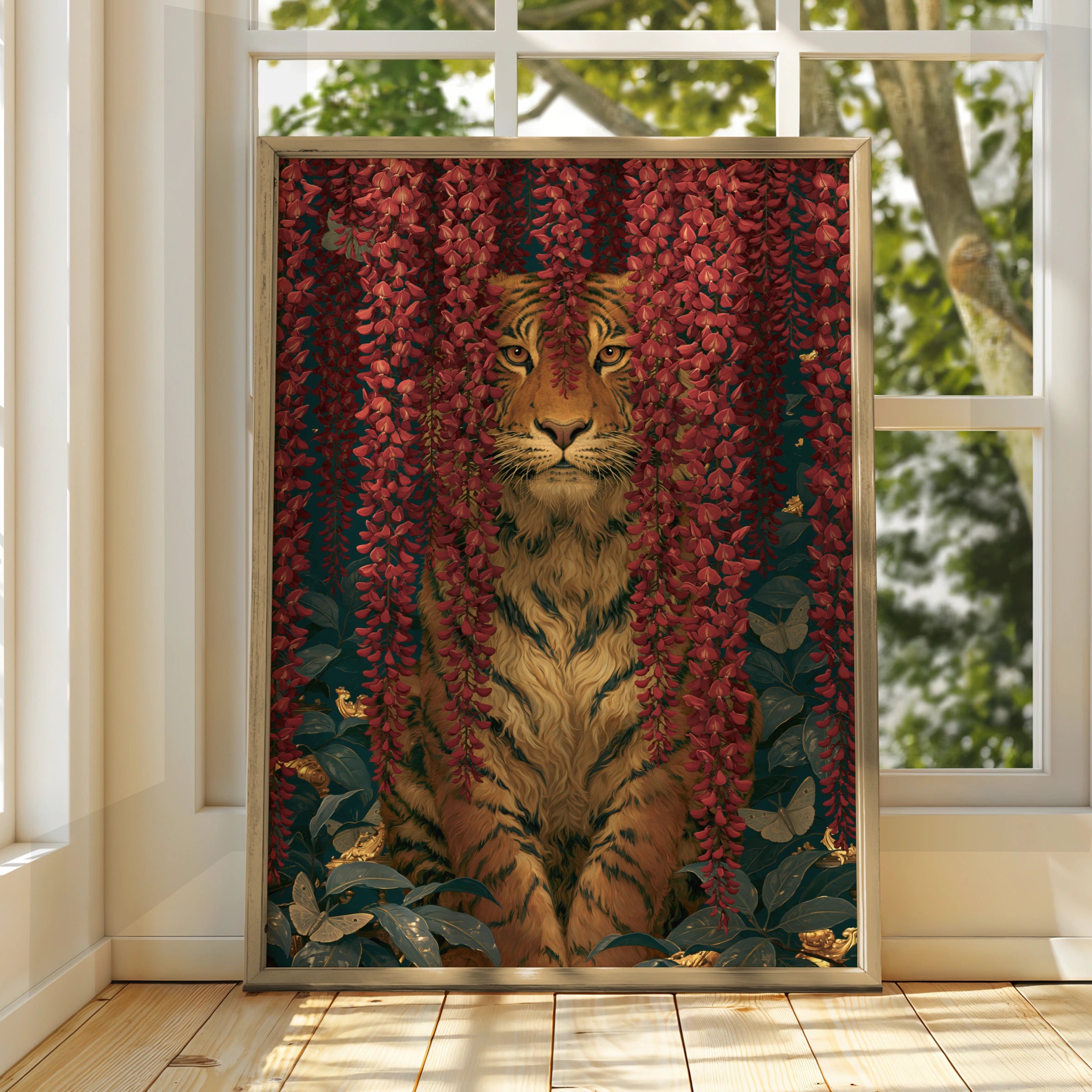 Tiger Behind Blossoming Flowers, Wall Art Print, Nature-Inspired Decor, Rustic Home Style