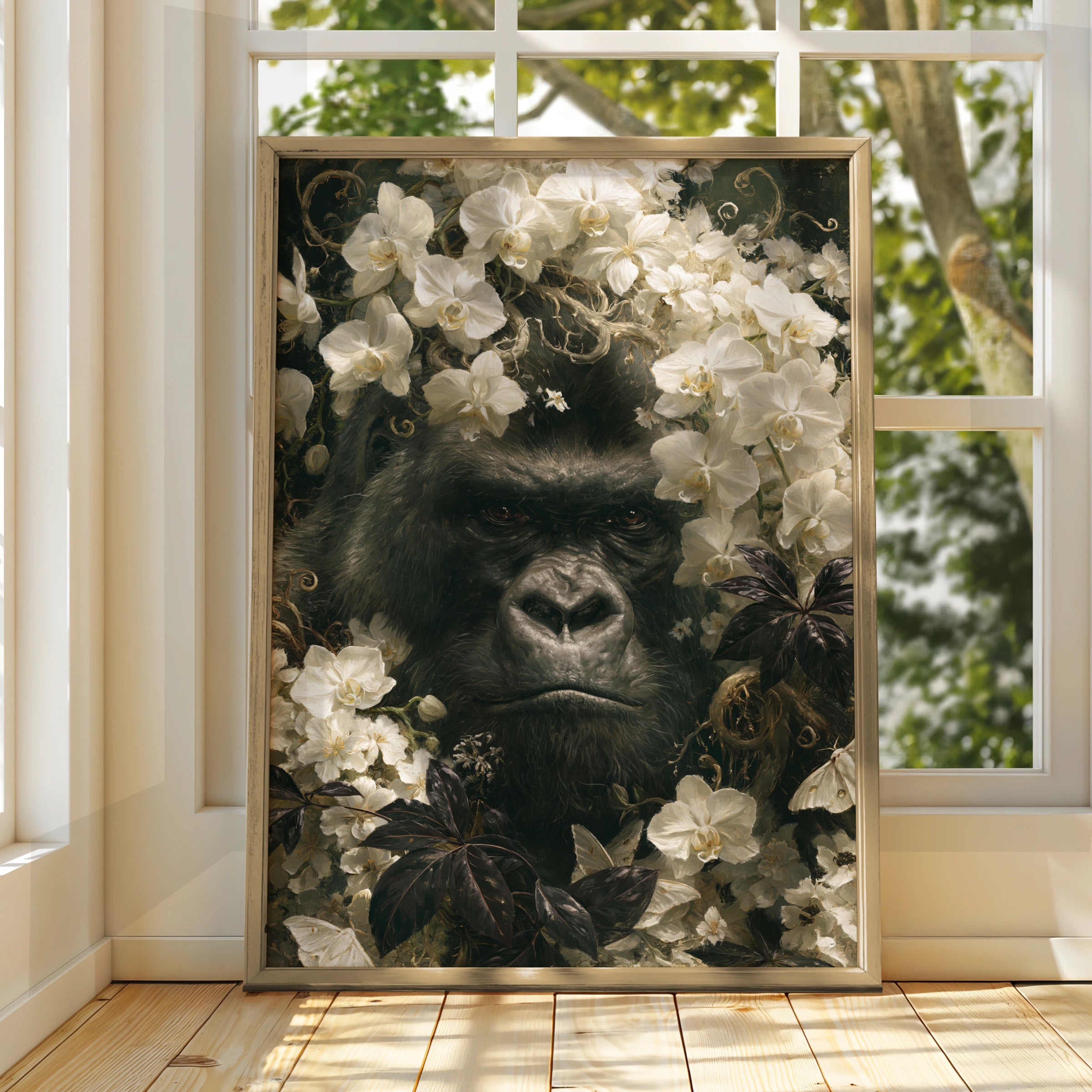 Gorilla Among Flowers, Wall Art Print, Nature, Botanical, Wildlife Decor