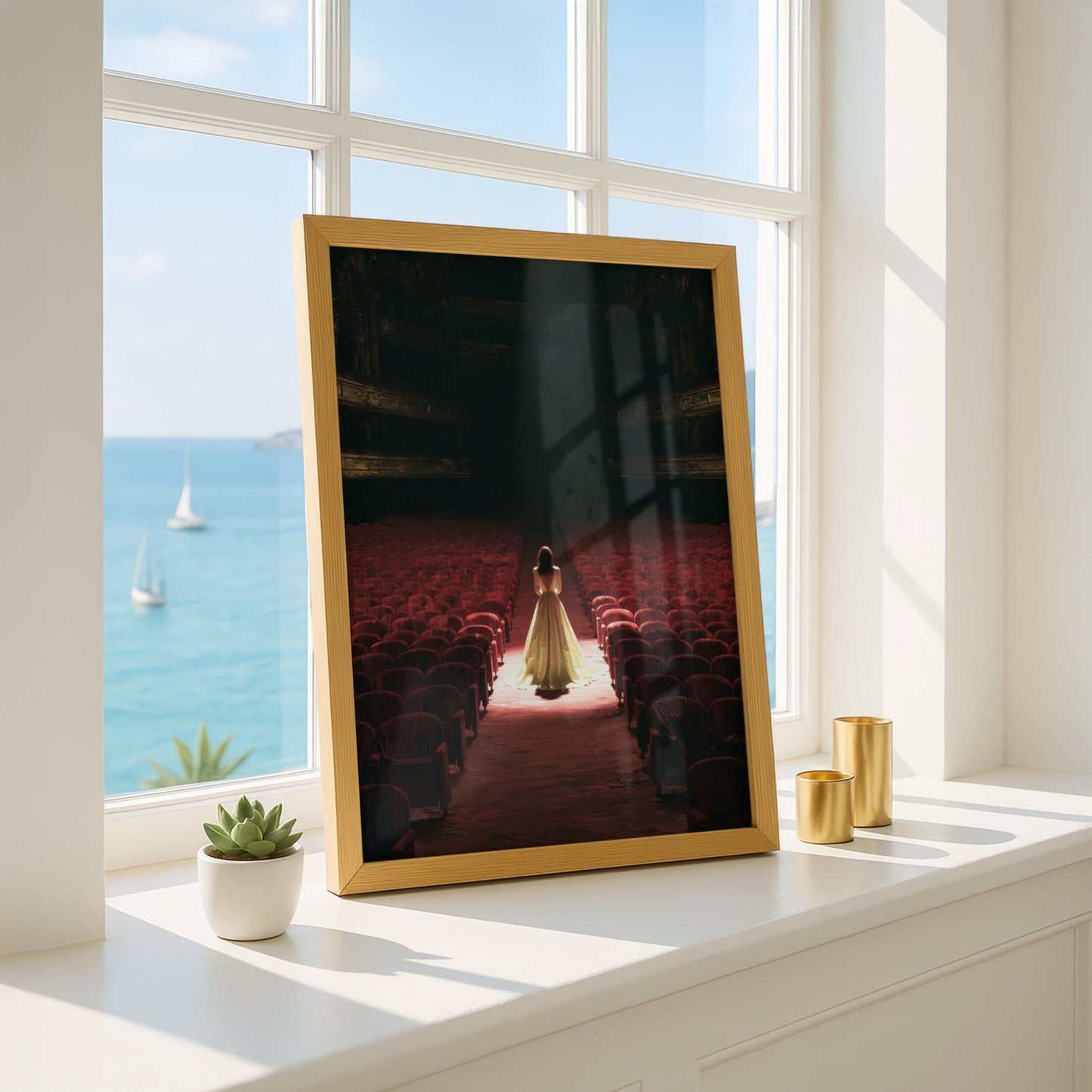 Theatre Scene, Woman in Yellow Dress, Wall Art Print, Dramatic Lighting, Home Decor