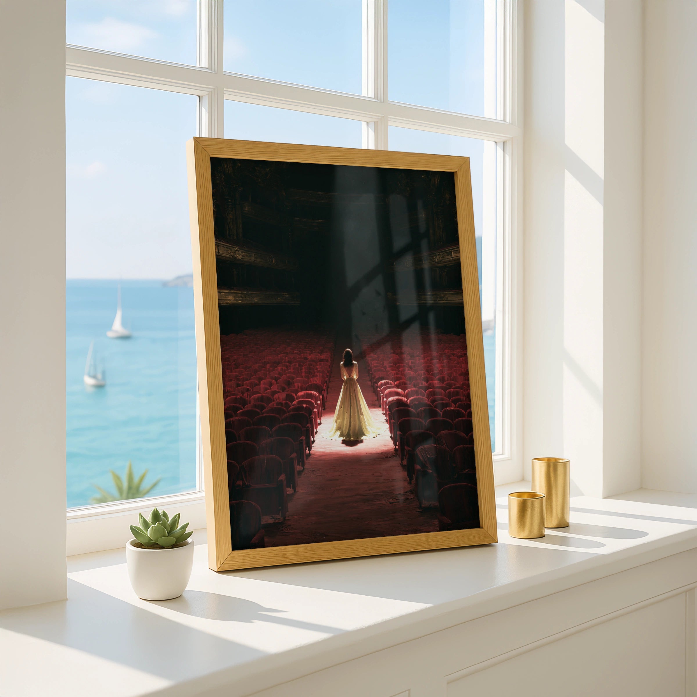 Theatre Scene, Woman in Yellow Dress, Wall Art Print, Dramatic Lighting, Home Decor