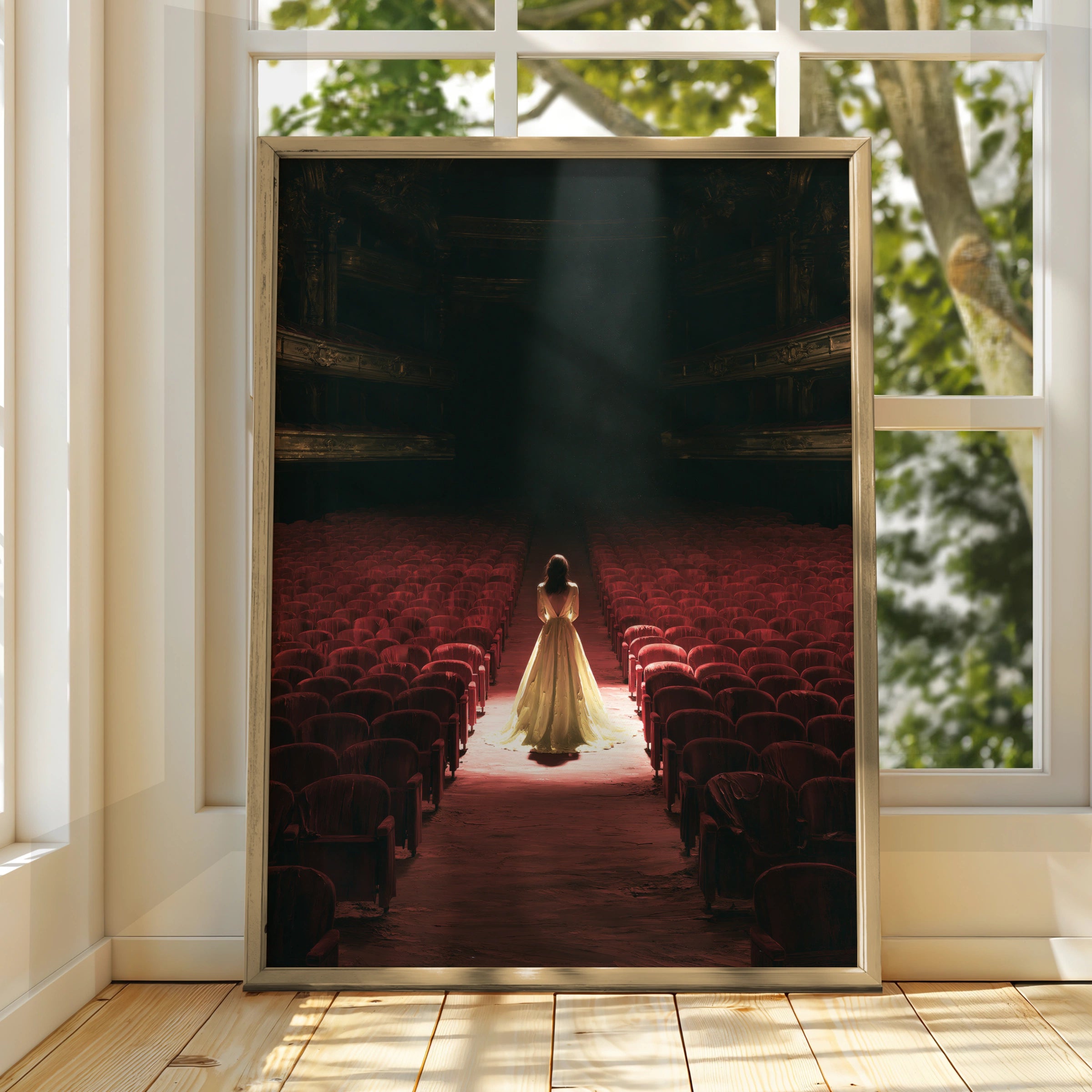 Theatre Scene, Woman in Yellow Dress, Wall Art Print, Dramatic Lighting, Home Decor